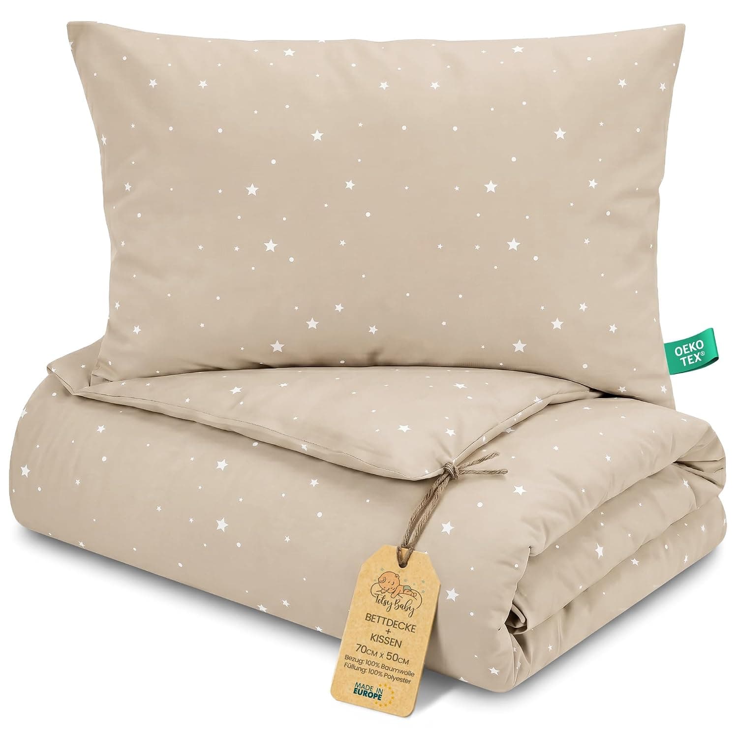 Children's Duvet without Cover 50 x 70 cm - Cotton Baby Blanket and Pillow Set Children's Blanket 50 x 70 cm and Pillow 40 x 35 cm - Duvets Children's Duvet Oeko-Tex Beige with White Stars