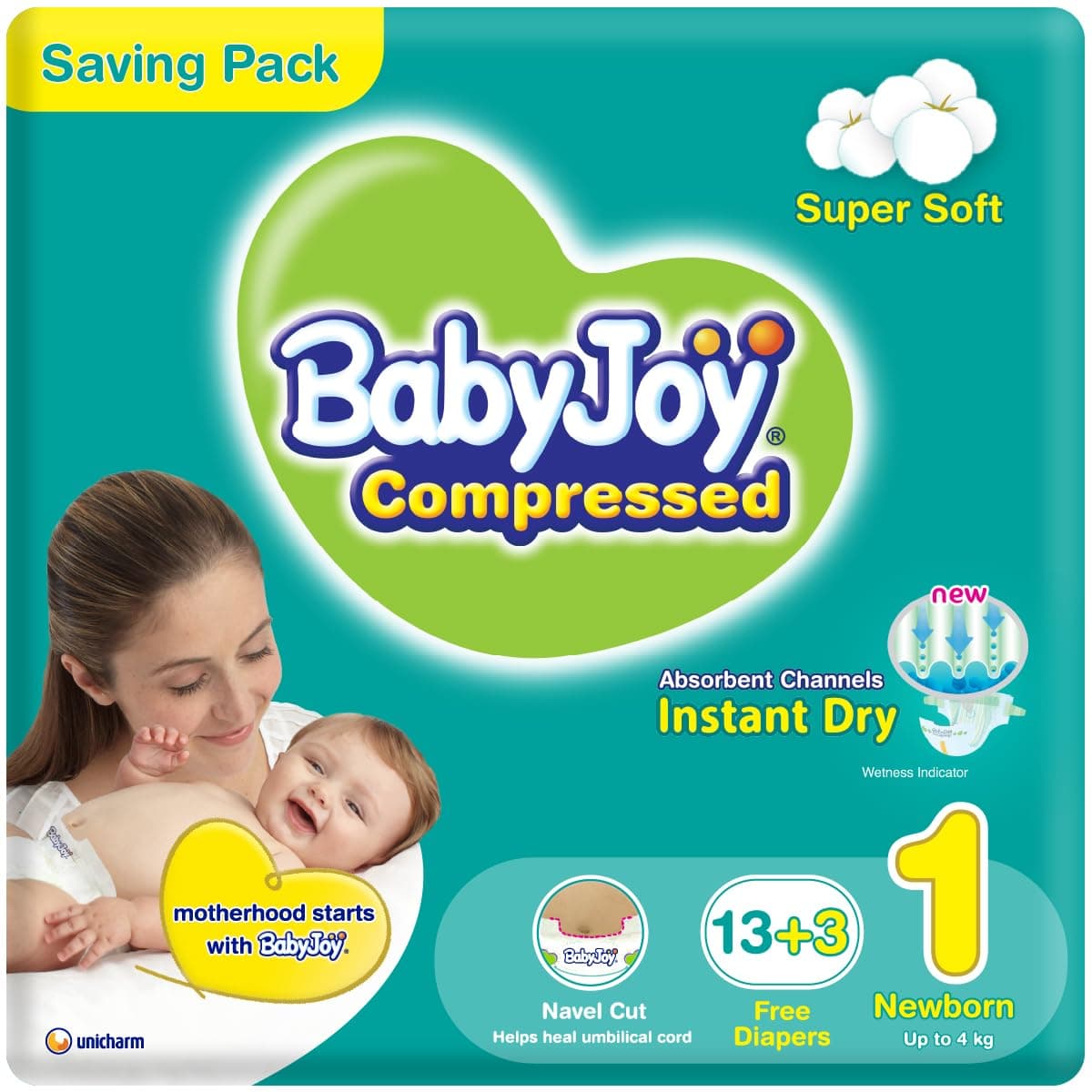 BabyJoy 2X Compressed Diamond Pad Diaper, Size 1, Newborn, 0-4 Kg, Saving Pack, 16 Diapers