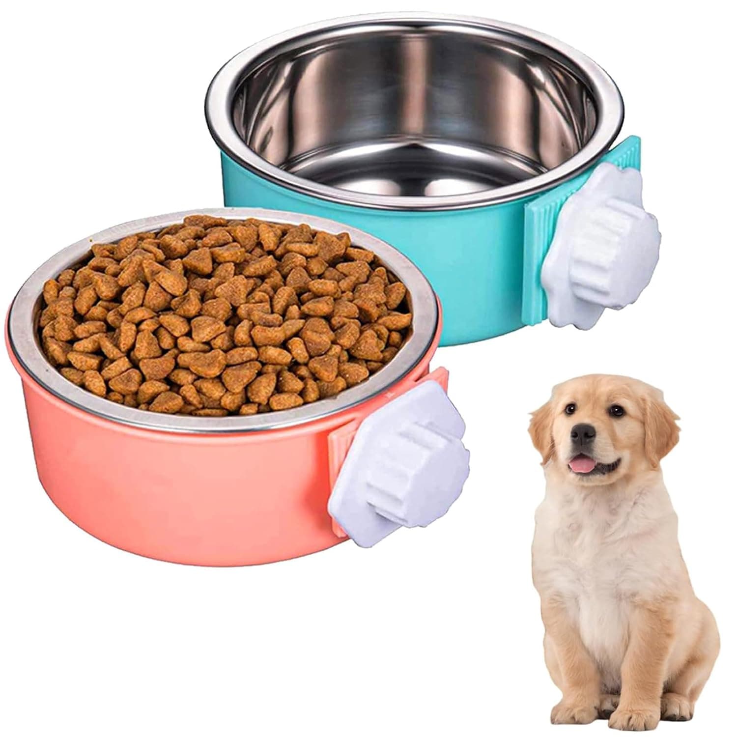 2Pcs Cage Dog Bowl, Stainless Steel Removable Hanging, Pet Food Water Bowl Cage Coop for Dogs, Cats, Birds and Small Animals, Easy to Install Small and Medium Animals Food Feeder Bowl, Cage Coop Cup