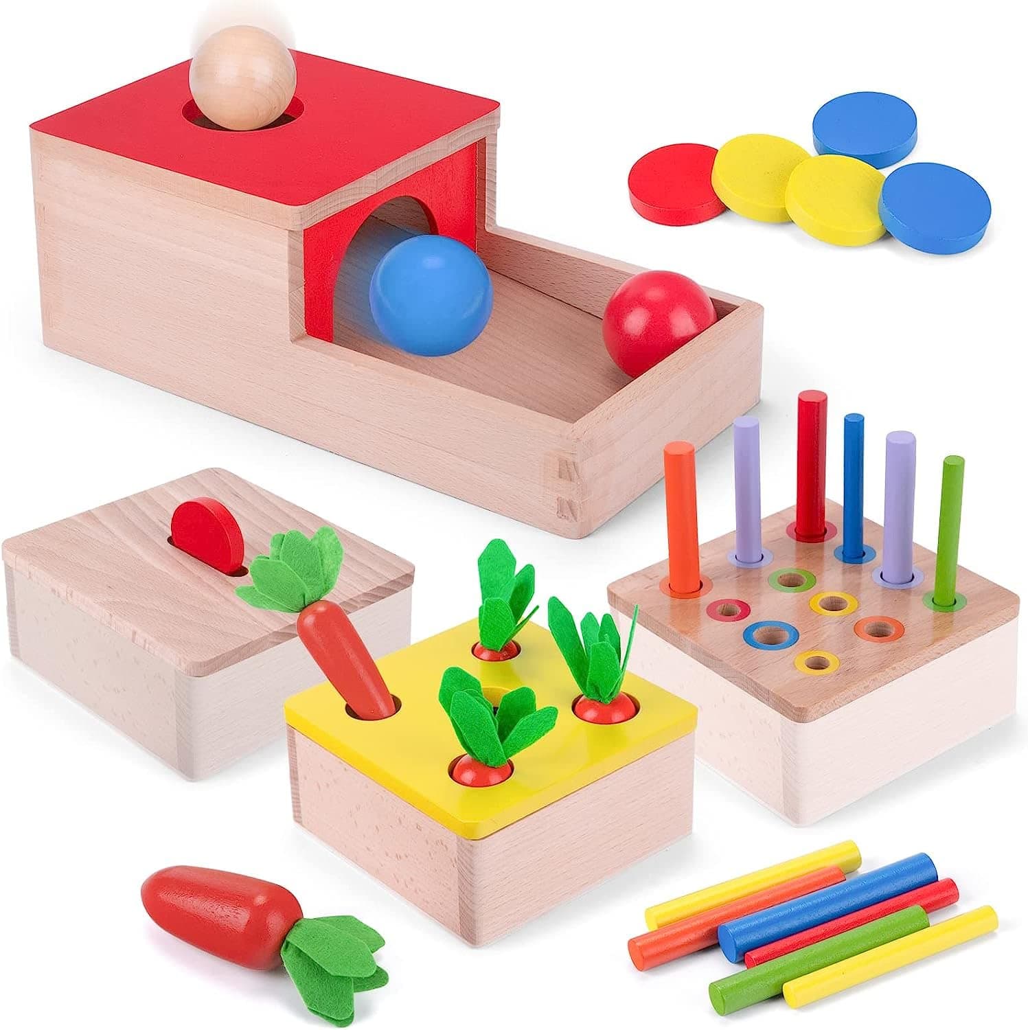 Soofam Object Permanence Box, 4 in 1 Wooden Montessori Toys Play Kit With Coin Box, Carrot Harvest Toy, Color Matching Sticks,Color&Shape Sorting Learning Matching Game Great for 12 Months Up