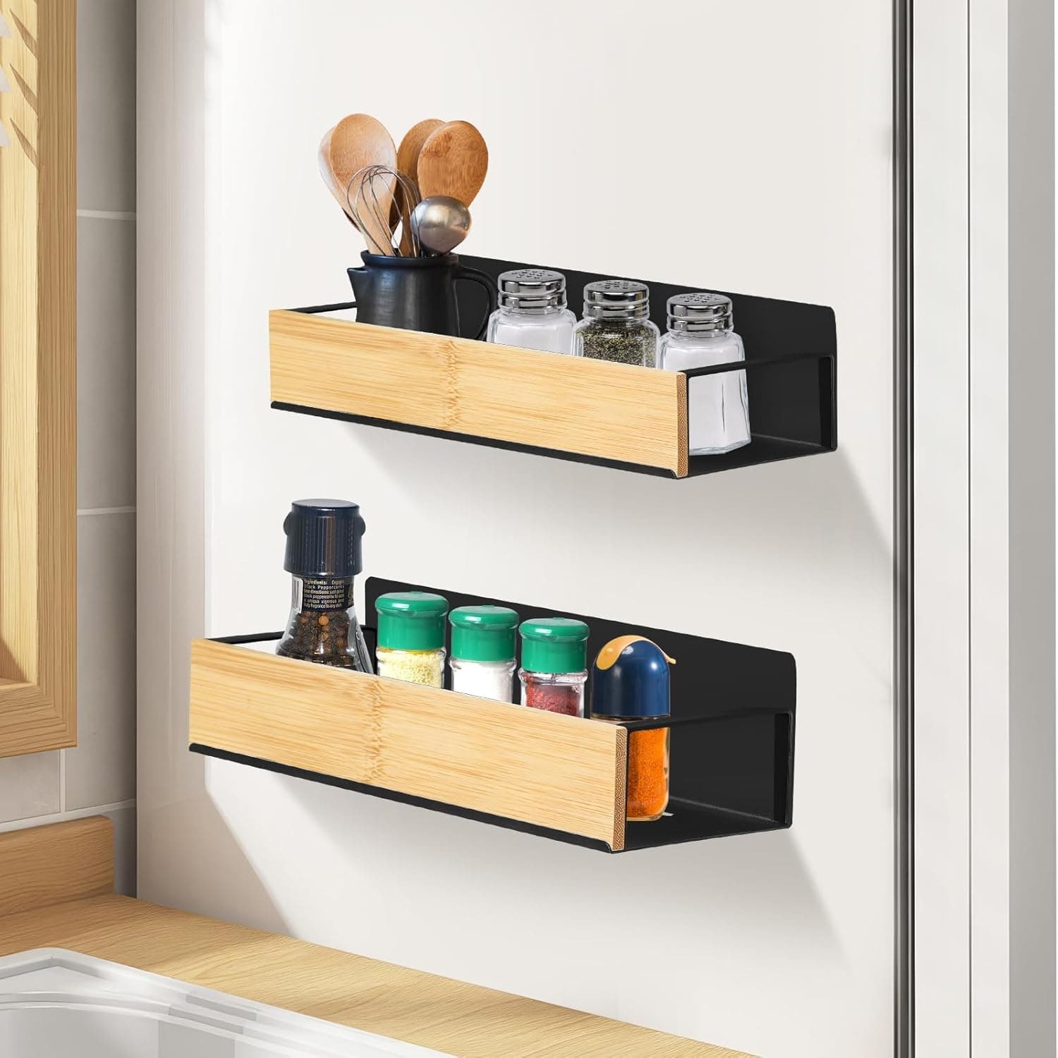 رفوف توابل مغناطيسية للثلاجة - رف تعليق معدني قوي للجدار الجانبي للثلاجة، منظم تخزين المطبخ موفر للمساحة، رف مغناطيسي سهل التركيب للبرطمانات والزجاجات