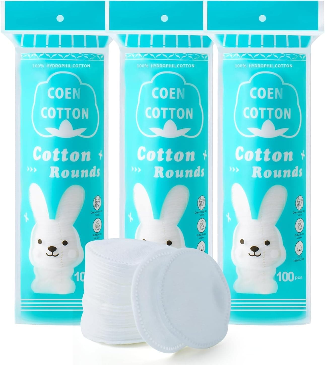 Premium Cotton Rounds, 100% Pure Cotton, 300 Count (3 Packs), Soft Cotton Pads for Face Cleansing, Toner, Makeup Remover, Non-Irritating for Sensitive Skin, Lint-Free Design