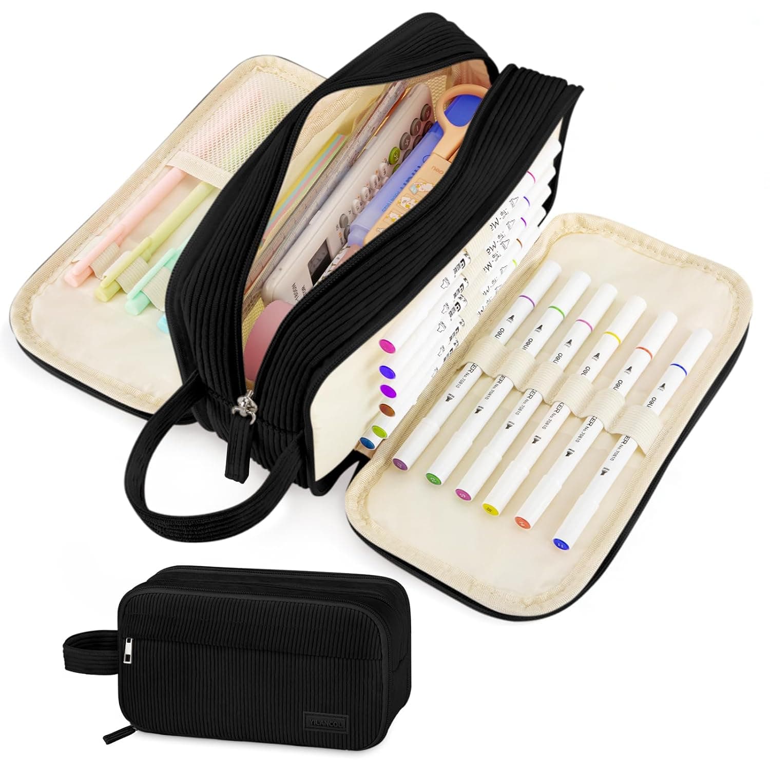 Corduroy Cute Pencil Case Pouch - Extra Large Capacity Pencil Pouch with Handle,4 Compartments Multi-Pocket, Markers Crayons Organizer Bag for Teen Girls, School College (Black)