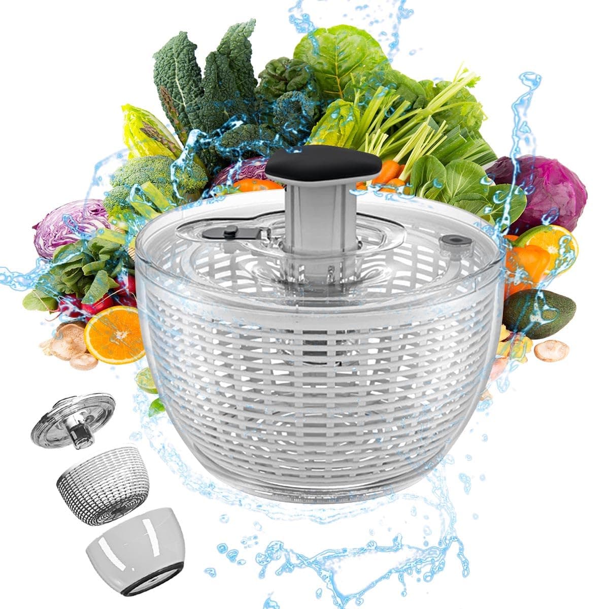 مصفاة خضروات احترافية يدوية دوارة بسعة كبيرة 6 لتر متعددة الاستخدامات وقابلة لإعادة الاستخدام وسريعة التجفيف مع غطاء سلة قابل للإزالة لغسل وتجفيف الخضروات والسلطة والفواكه من جلوكلوز ابيض