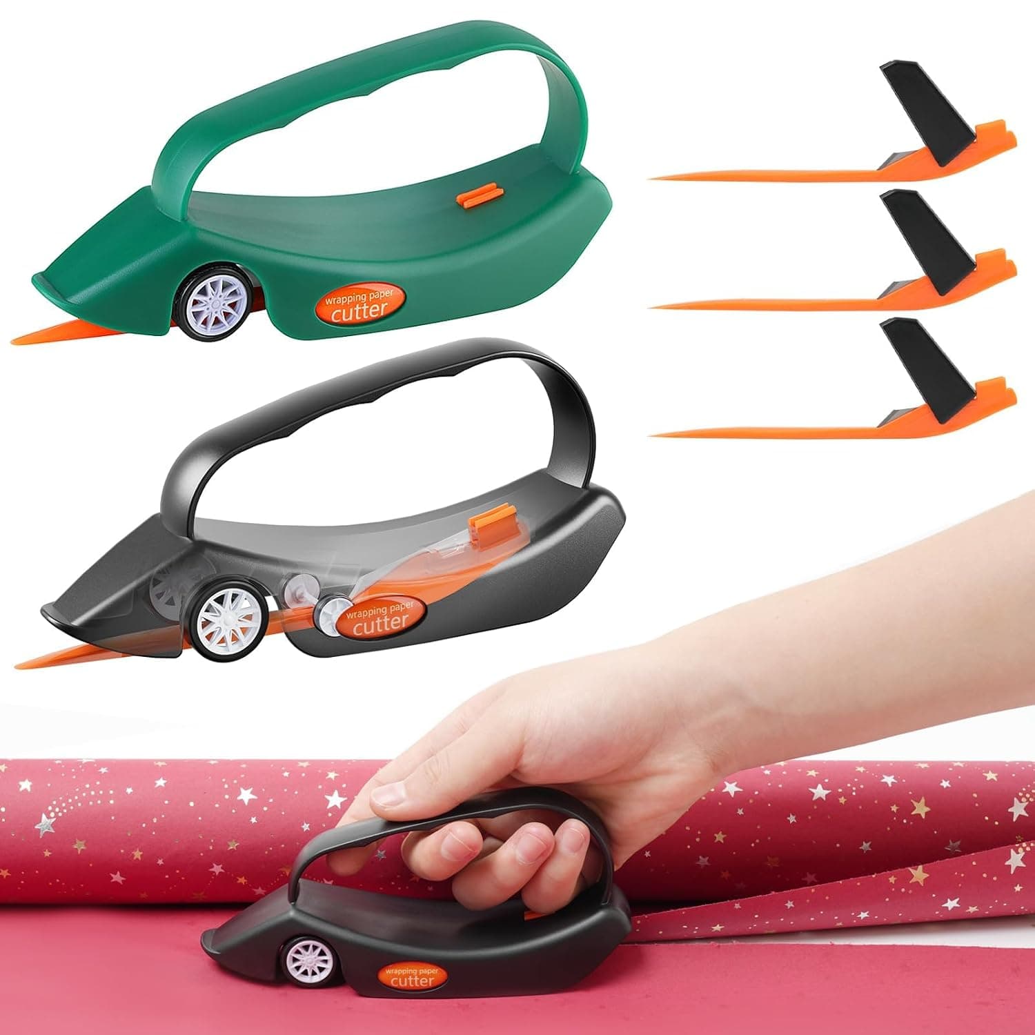 2-Pack Wrapping Paper Cutter with 3 Replaceable Blades | Gift Wrap Cutter with Wheels for Christmas & Birthday, Universal Fit for All Roll Sizes (Black & Green)