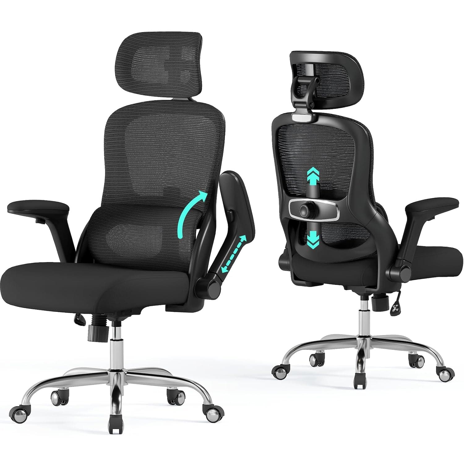 Office Chair Ergonomic Office Chair - Home Office Desk Chair with Flip-Up Arms Mesh Lumbar Support Big and Tall Office Gaming Chair High Back Computer Chair for Office(Black)