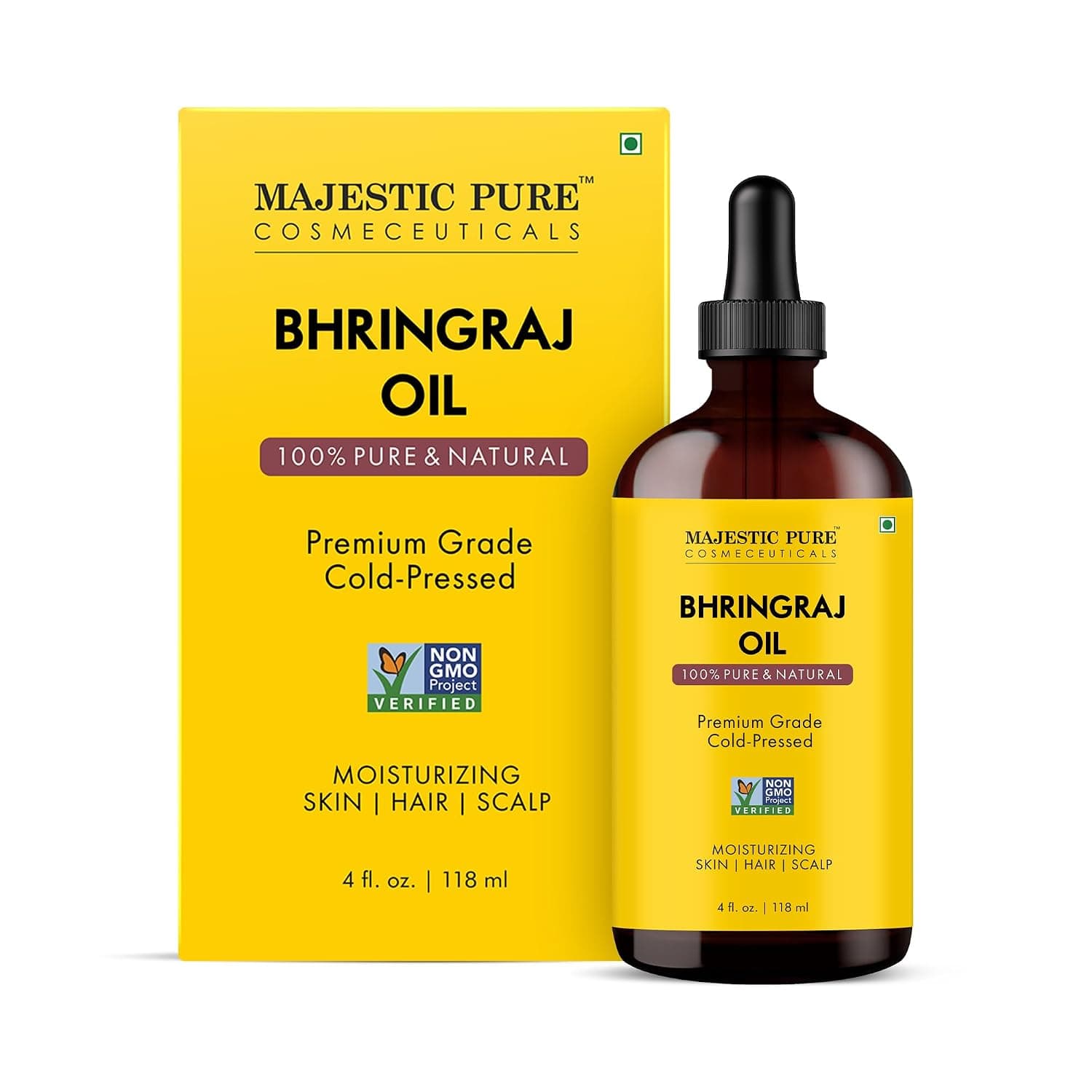 Majestic Pure Bhringraj Oil, 100% Pure & Natural - 4 Fl Oz | Traditional Ayurvedic scalp and hair care; conditions strands, supports shine, and blends into DIY hair and body treatments.