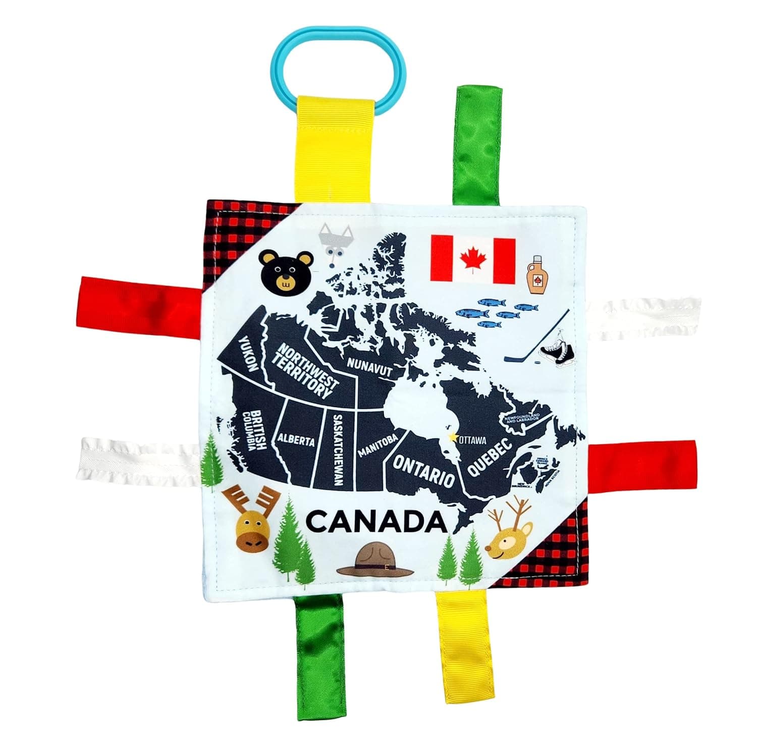 Baby Jack & Co 8x8” Learning Lovey Canada Tag Toys for Babies - Baby Crinkle Toys - Crinkle Toys for Baby - Soft & Safe - Learn Canada Facts - Ideal Baby Toy & Gift BPA Free w/ Stroller Clip