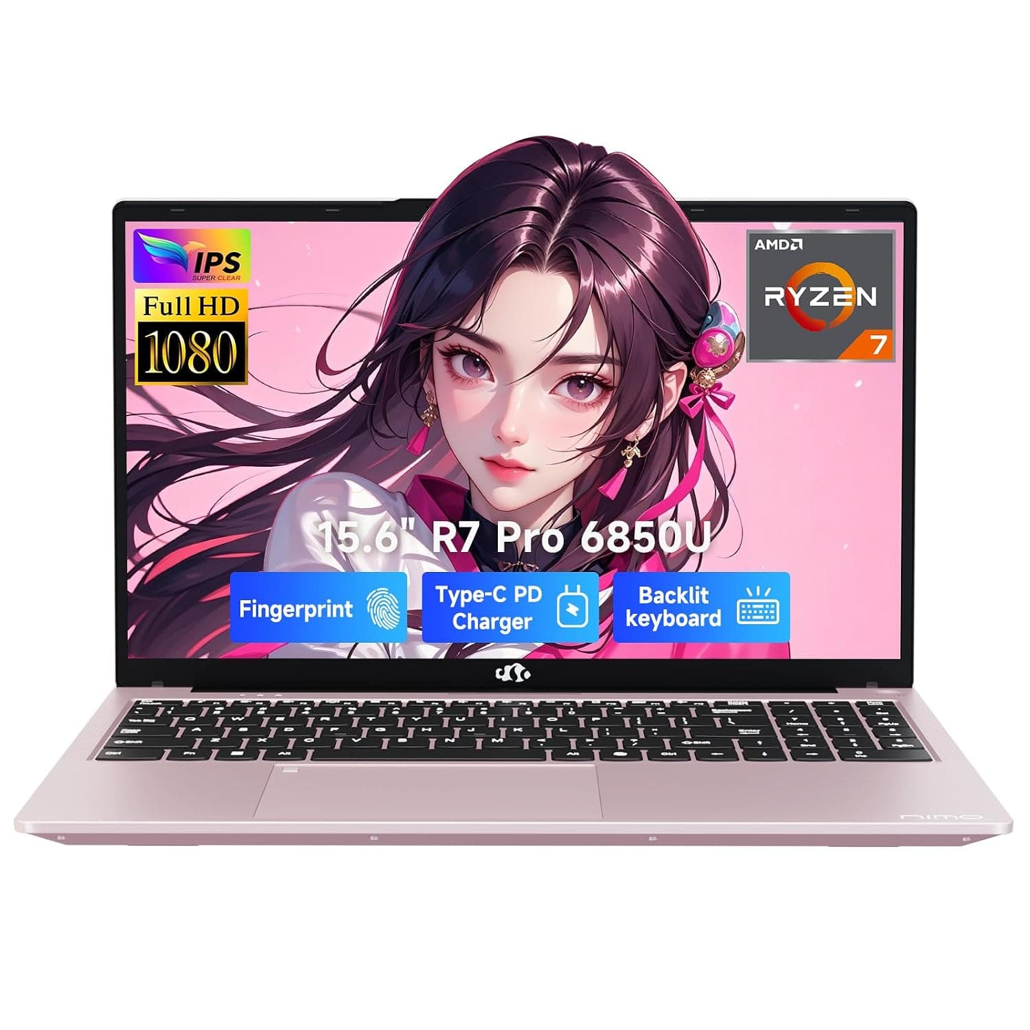 NIMO 15.6" IPS FHD-Gaming-Laptop-Computer, Ryzen 7 8745HS 32GB DDR5 RAM 1TB SSD Radeon 780M-Graphics (8C/16T, up to 4.9GHz Beat R9 7940HS) 100W Type-C Fingerprint Backlit Keyboard USB 4.0