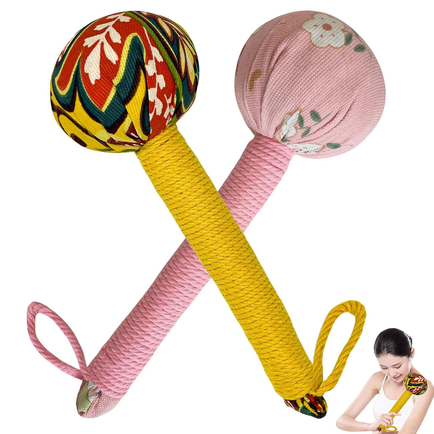 2 Pcs Manual Body Massage Hammer,Wormwood Massage Hammer Sticks,Lymphatic Drainage Hammer for Muscle Relaxation(Yellow/Pink)