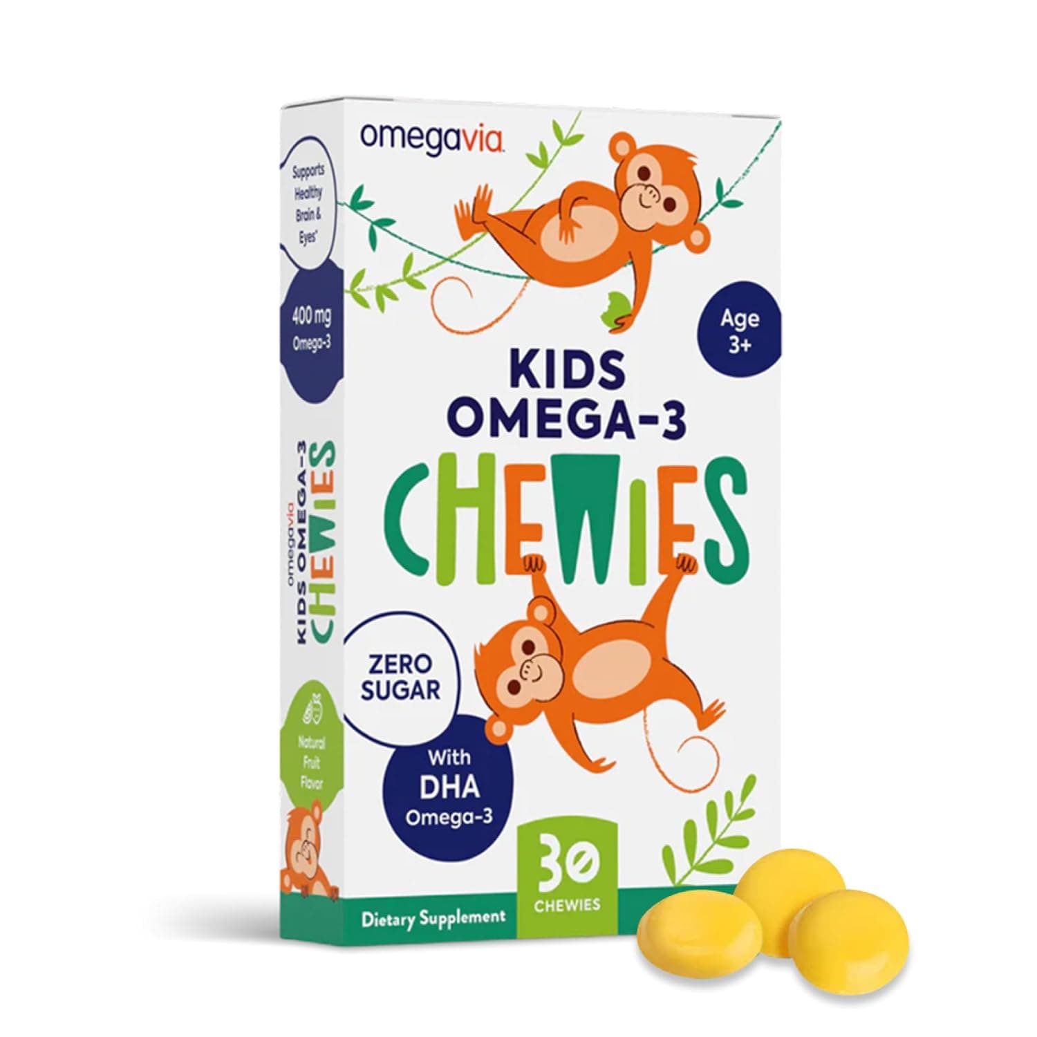 OmegaVia Omega 3 Chewies, Sugar-Free Vitamins for Kids Ages 3-12 (30 Chews) | Daily DHA Chewable for Kids, Brain & Eye Health Support, Natural Fruit Flavor, Omega 3 Fish Oil Chews, 30 Individual Packets