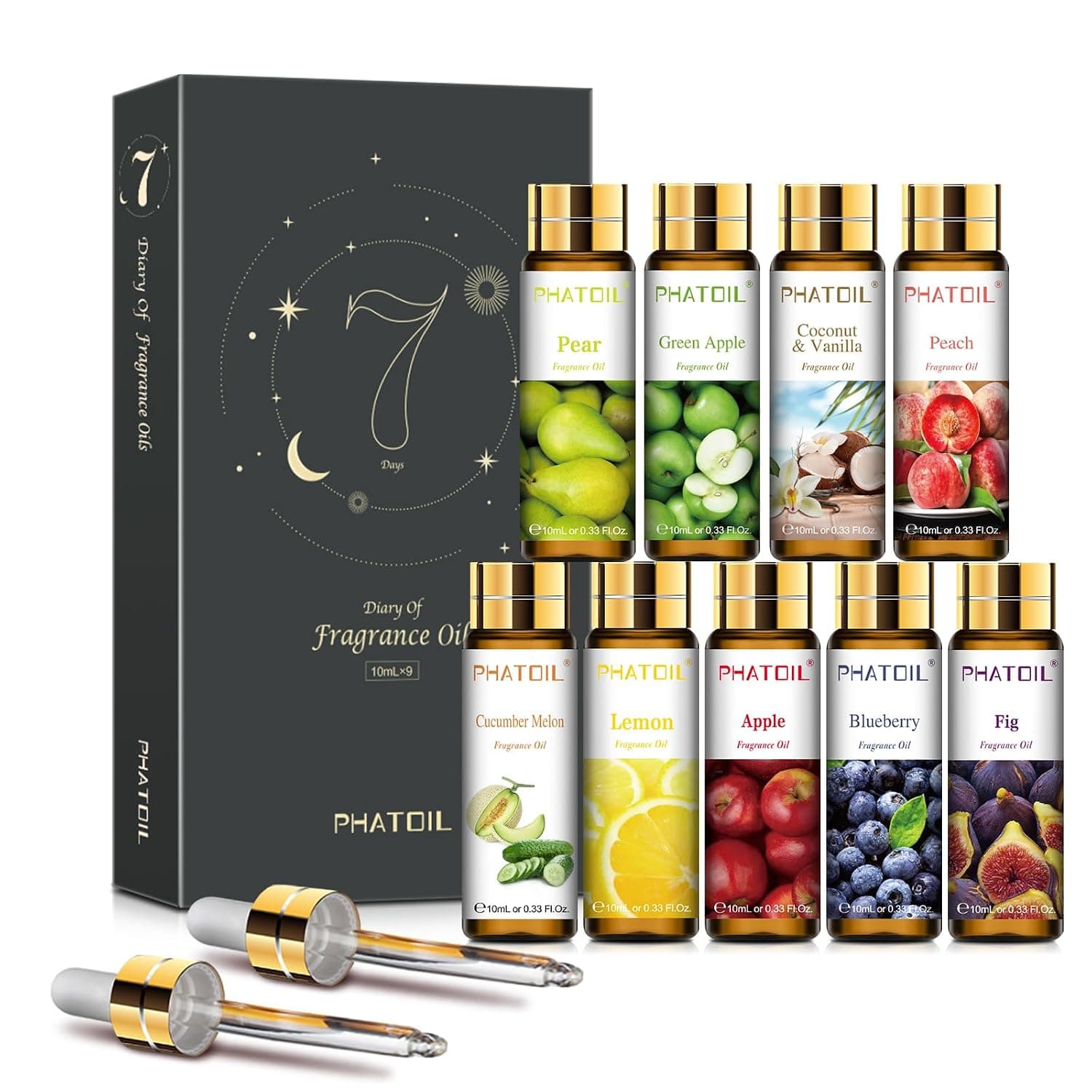 PHATOIL Fruit Fragrance Oil Set for Diffusers for Home, Soap Candle Making | Refresh Space, Aromatherapy, DIY Air Freshener, Long Lasting Fruity Scents, Gift Set for Friend and Family, 9 x 10ml