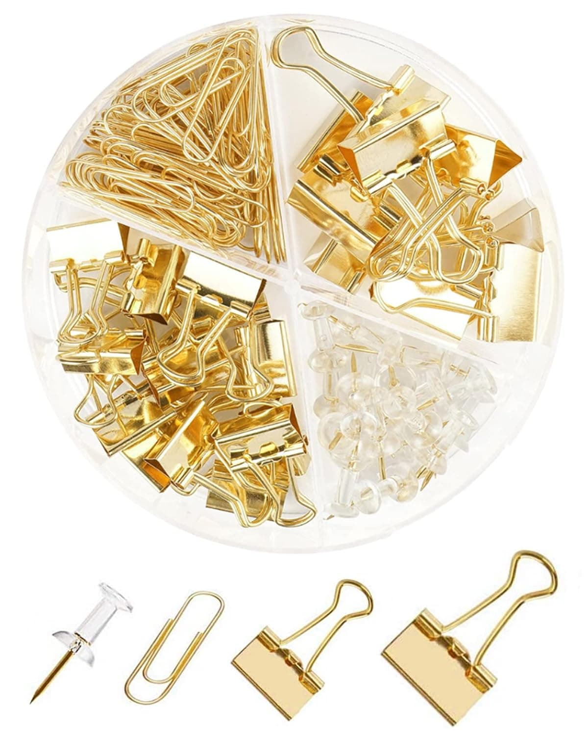 Gold Paper Binder and Clips Set, Metal Assorted Sized Binders with Push Pins, Cute Office Supplies, Teacher Desk Must Haves, Desk Accessories | Cute Office Supplies, Aesthetic Desk Accessories Teachers Desk Must Have, Paper Clips and Binder Clips Set, Gold, 1 Pack