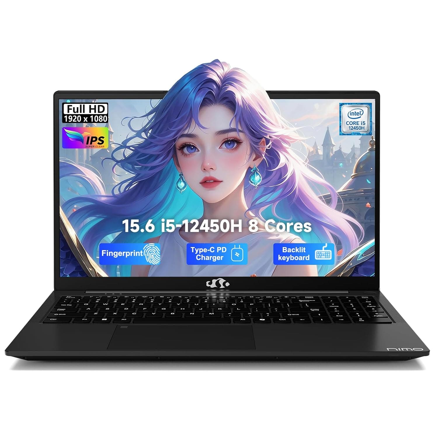 NIMO 15.6" FHD IPS Laptop, i5-12450H 8-Core (Beats i7-11800H), 16GB RAM 256GB SSD, Backlit Keyboard, Fingerprint, 100W Type-C Fast Charger, WiFi 6, Ideal for Students & Home Office Computer