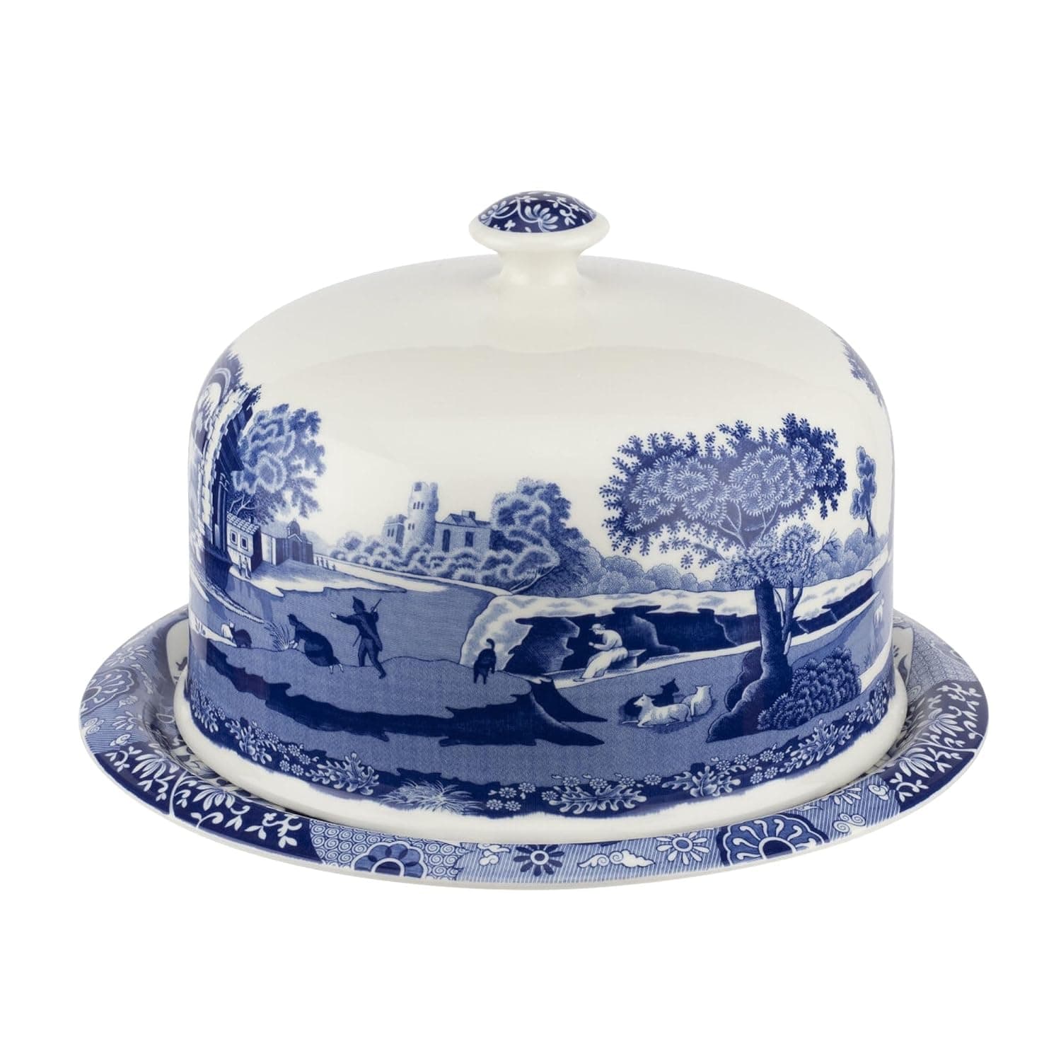 Spode Blue Italian 2 Piece Serving Platter with Dome | Elegant Porcelain Dessert Serving Platter for Cakes, Pastries, Cheese, Fruits & Snacks, Microwave, Dishwasher & Freezer Safe