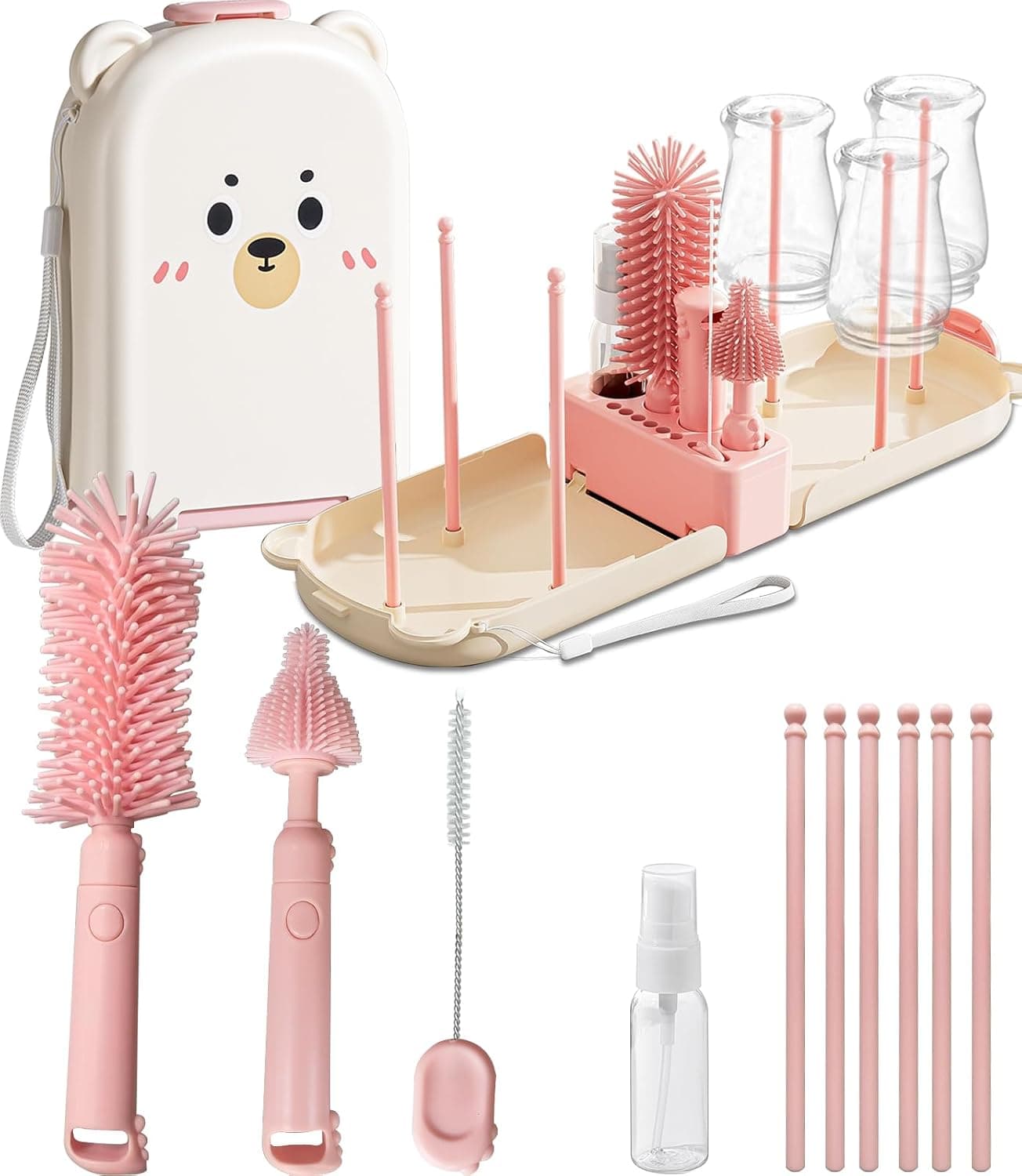 Pink Travel Bottle Cleaner Set - 6-in-1 Portable Brush Set with Drying Rack and Storage Box | Flying, Newborn Bottle Cleaning and Breast Pump Parts Baby On The Go