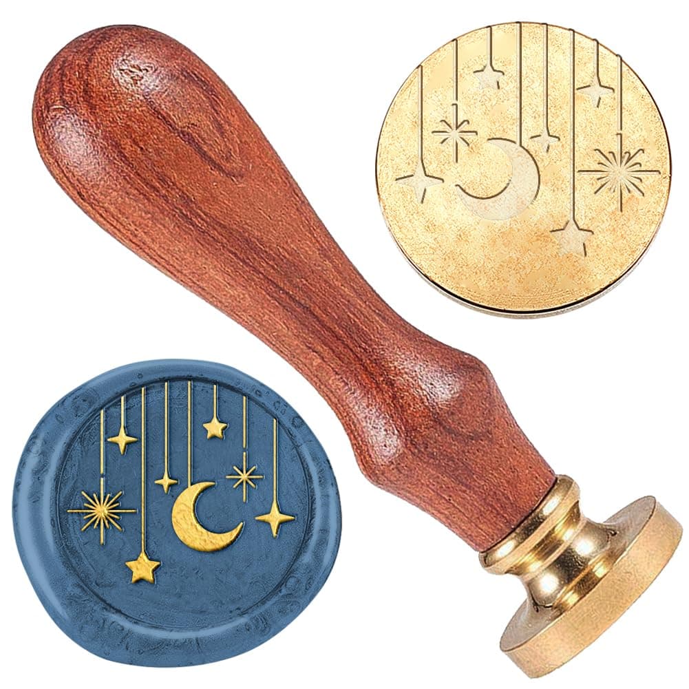 Moon Star 1" Wax Seal Stamp Vintage Sealing Stamps Removable Brass Head Seal Stamp with Wooden Handle Sealing Wax for Envelope Card Letter Party Wedding Invitations Gift Wrapping Decor