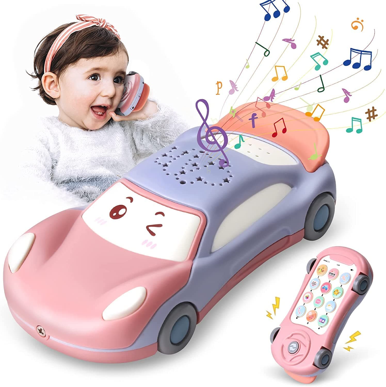 Baby Cell Phone Toy for 1 Year Old Boy, Multi-Function Car Toy with Music, Star Projector, Kids Pretend Phone for Learn Call Chat, Early Education Phone Toy for 1 2 3 Year Old Toddler Girl Boy