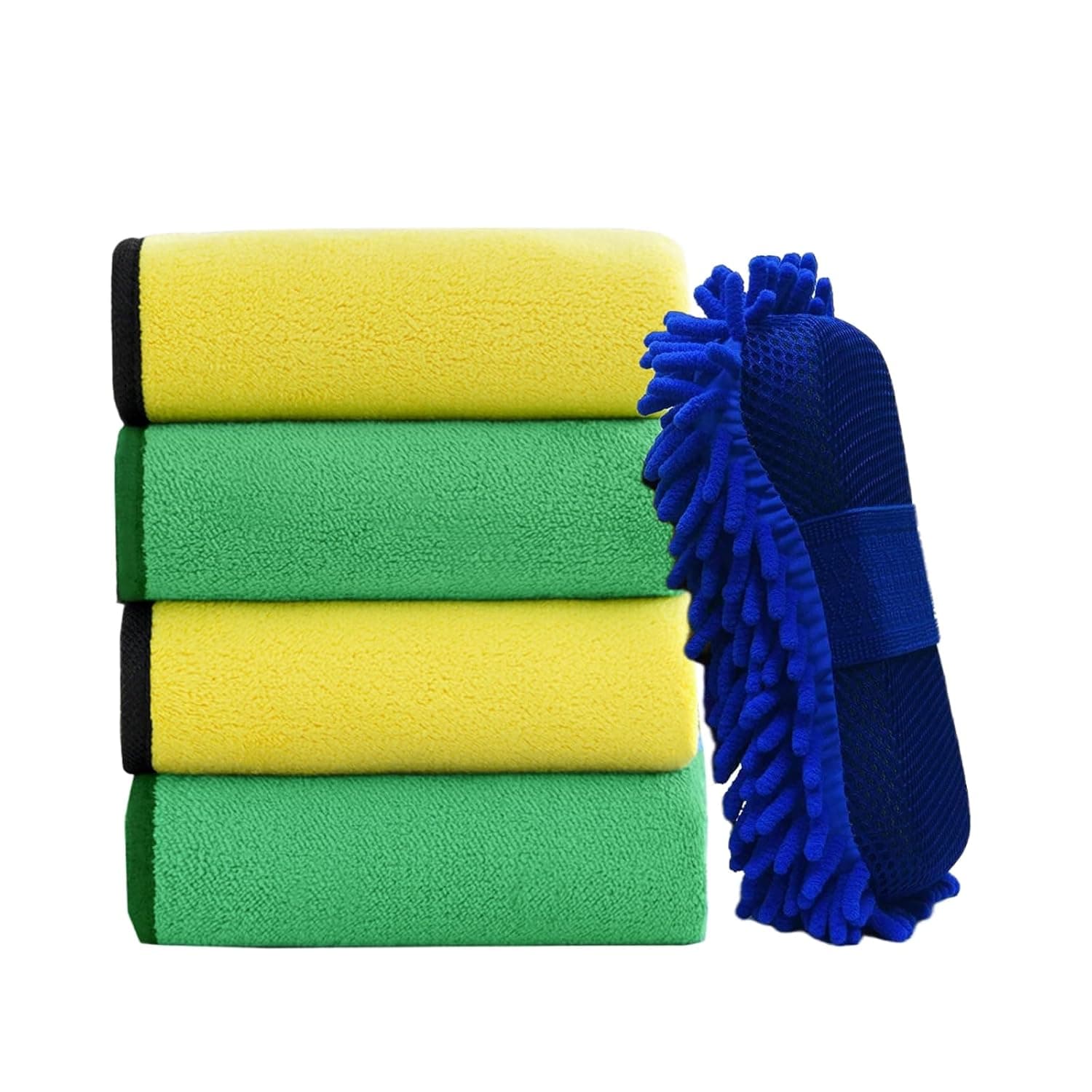 Coralblue Microfiber Car Towels & Sponge Pack – 40x30cm Scratch-Free Car Wash & Dry Cloth Set for Auto Detailing, Dusting & Glass Cleaning (Pack of 4 + 1 Sponge)