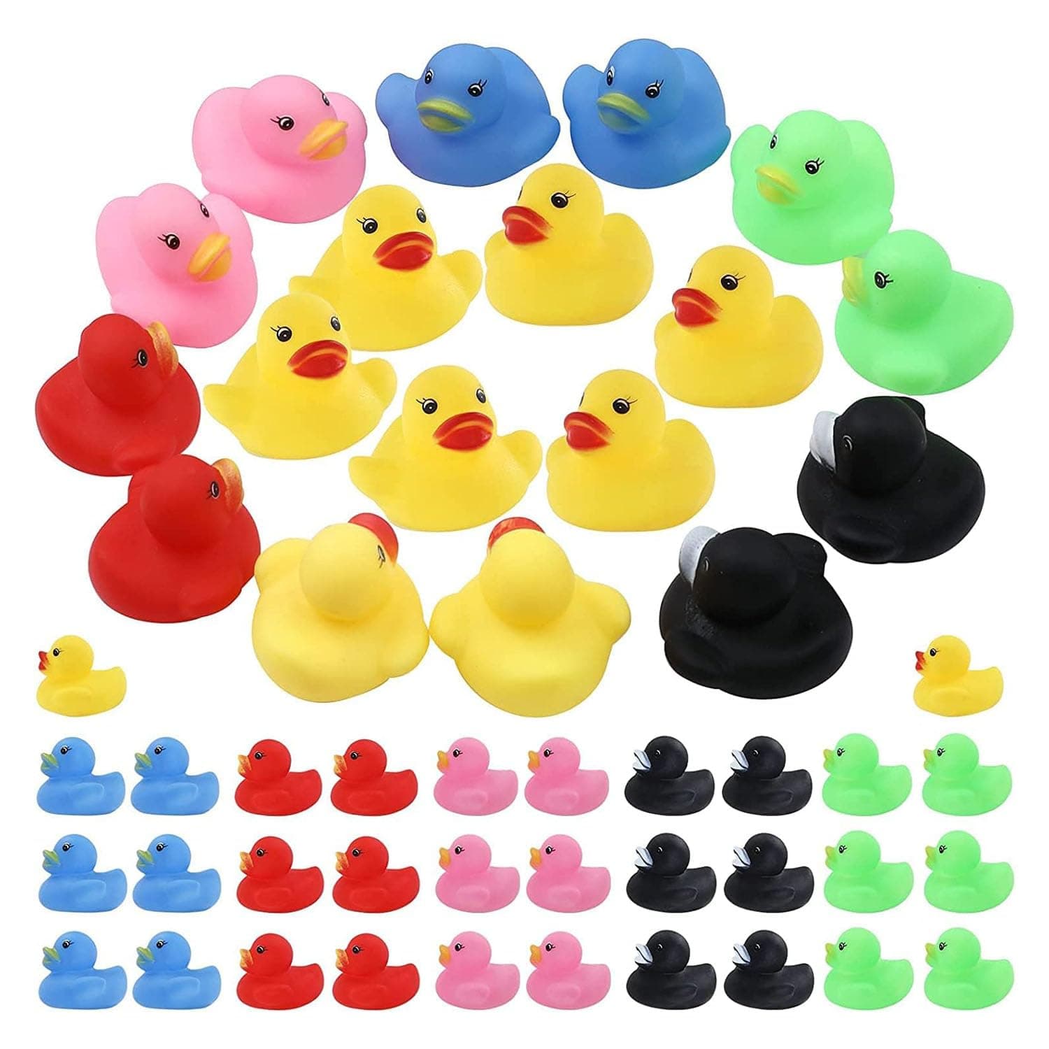 Joyzzz Small Rubber Ducks, 50pcs Multicolor Mini Rubber Ducky Float Ducks Baby Bath Toy, Squeak and Float Rubber Ducks, Baby Shower Duck Sound Shower Toys for Shower and Decorations Party Favors