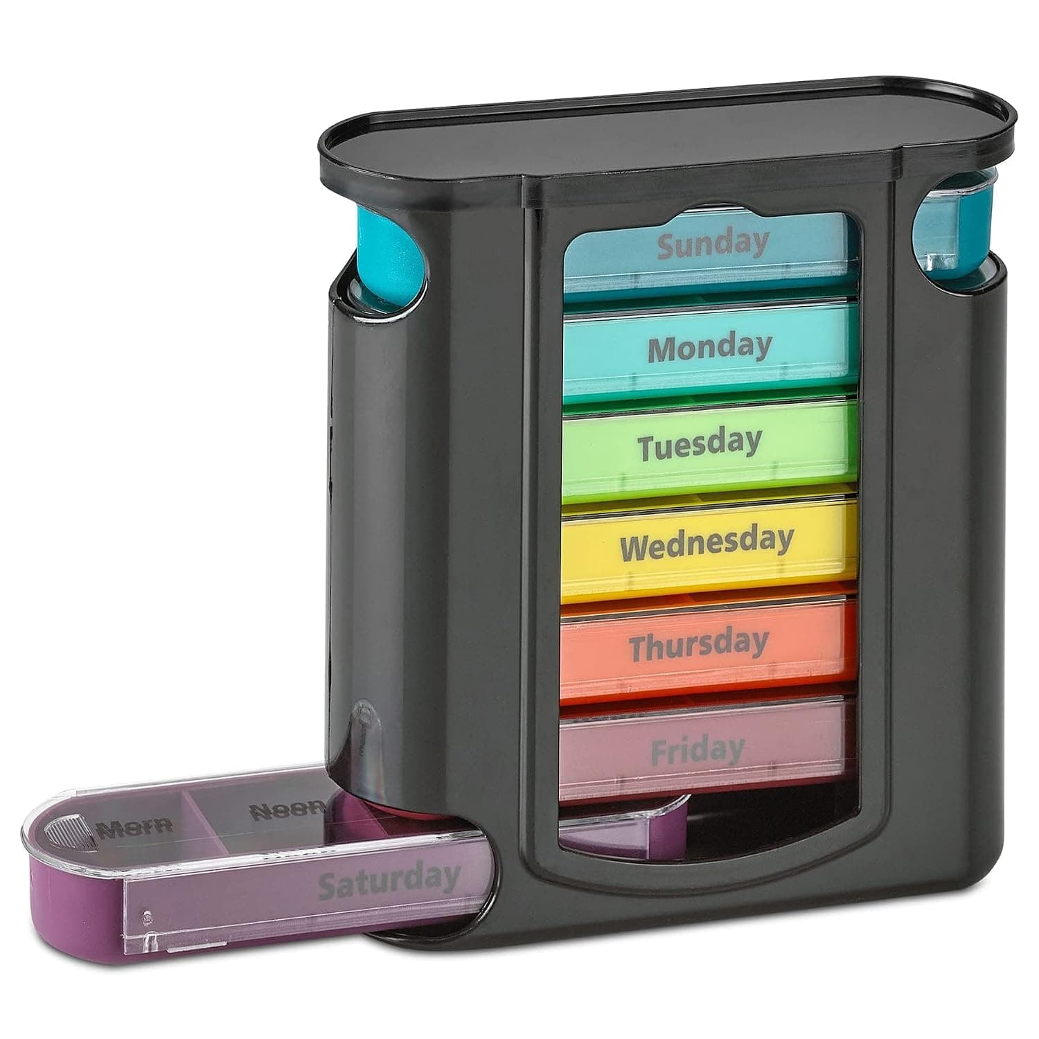 Bukela Weekly Pill Organizer, 7 Day Pill Box with 7 Stackable Compartments, 1 Dispenser, 4 Times a Day Medicine Organizer for Medication Vitamins Fish Oils Supplements