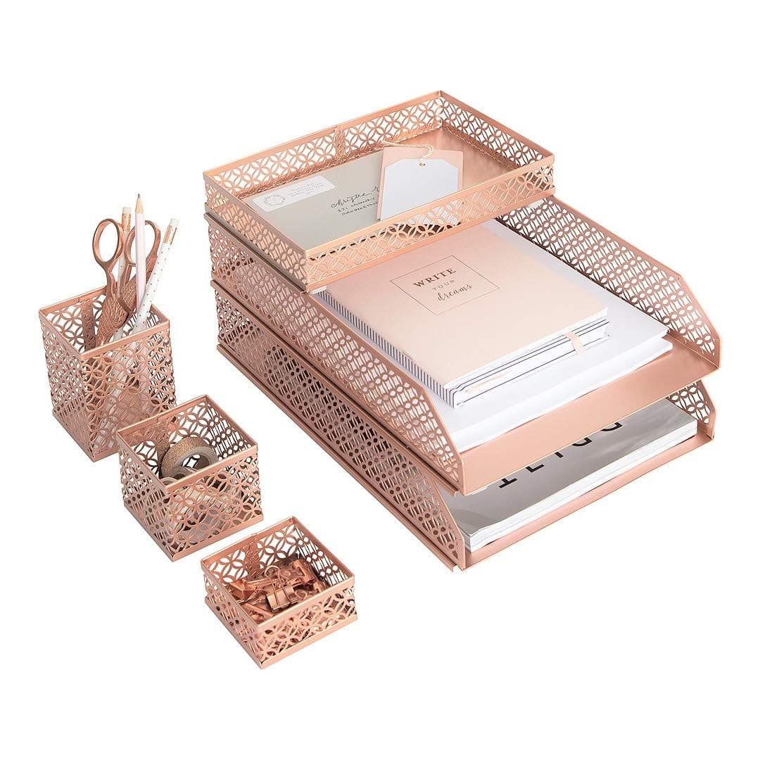 BLU MONACO Office Supplies Rose Gold Desk Accessories for Women-6 Piece Interlocking Stylish Desk Organizer Set- Pen Cup, 3 Accessory Trays, 2 Letter Trays-Rose Gold Paper Tray Holder