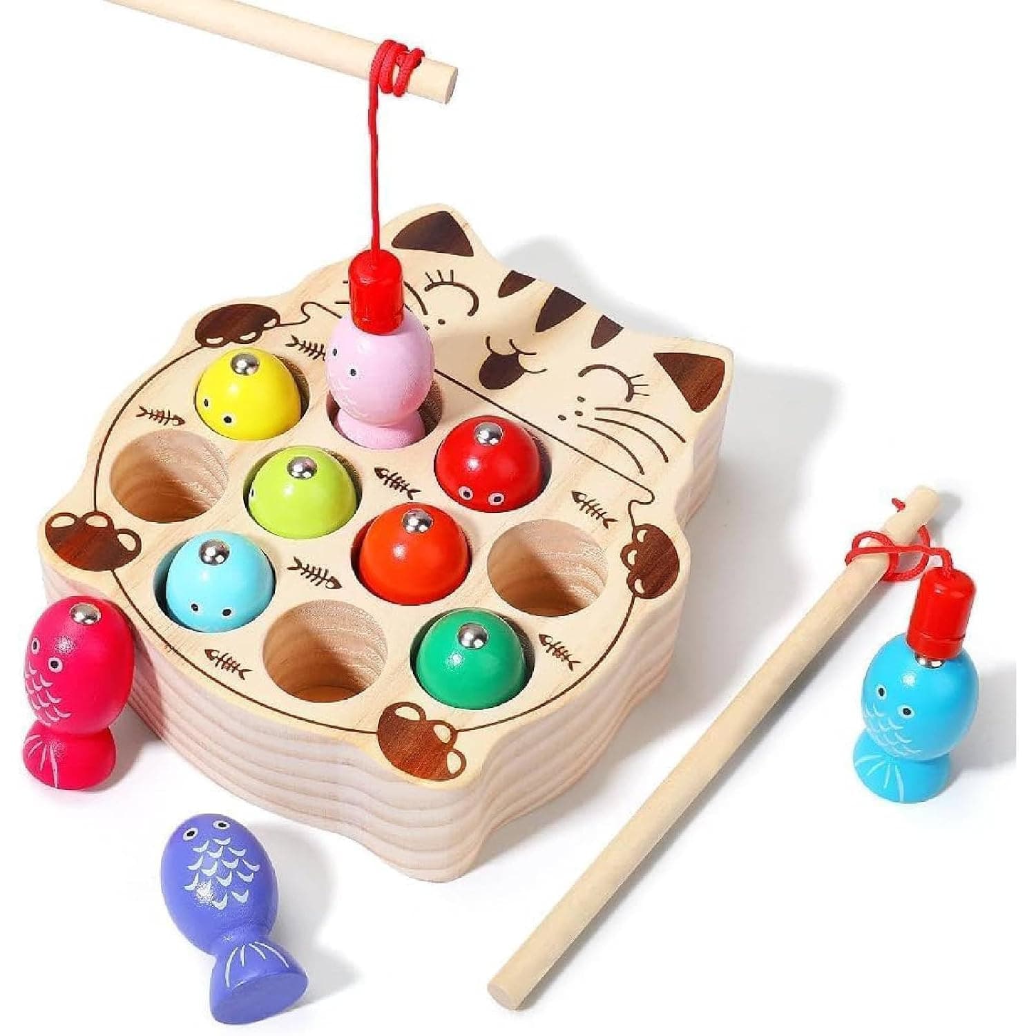Joyzzz Fishing Game, Wooden Magnetic Montessori Travel Toy for Preschool 2-3 Year Old, Hand Eye Coordination Educational Playset, Interactive Group Fun Birthday Present for Toddler