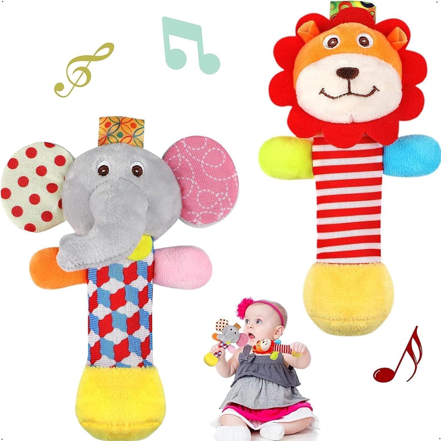 ALMEKAQUZ 2 Pcs Baby Soft Rattles Toys, Baby Elephant and Lion Toy Rattle Set, Infant Sensory Development Hand Grip Toy, Car Seat Toys for Infants, Baby Toys 0-6 Months