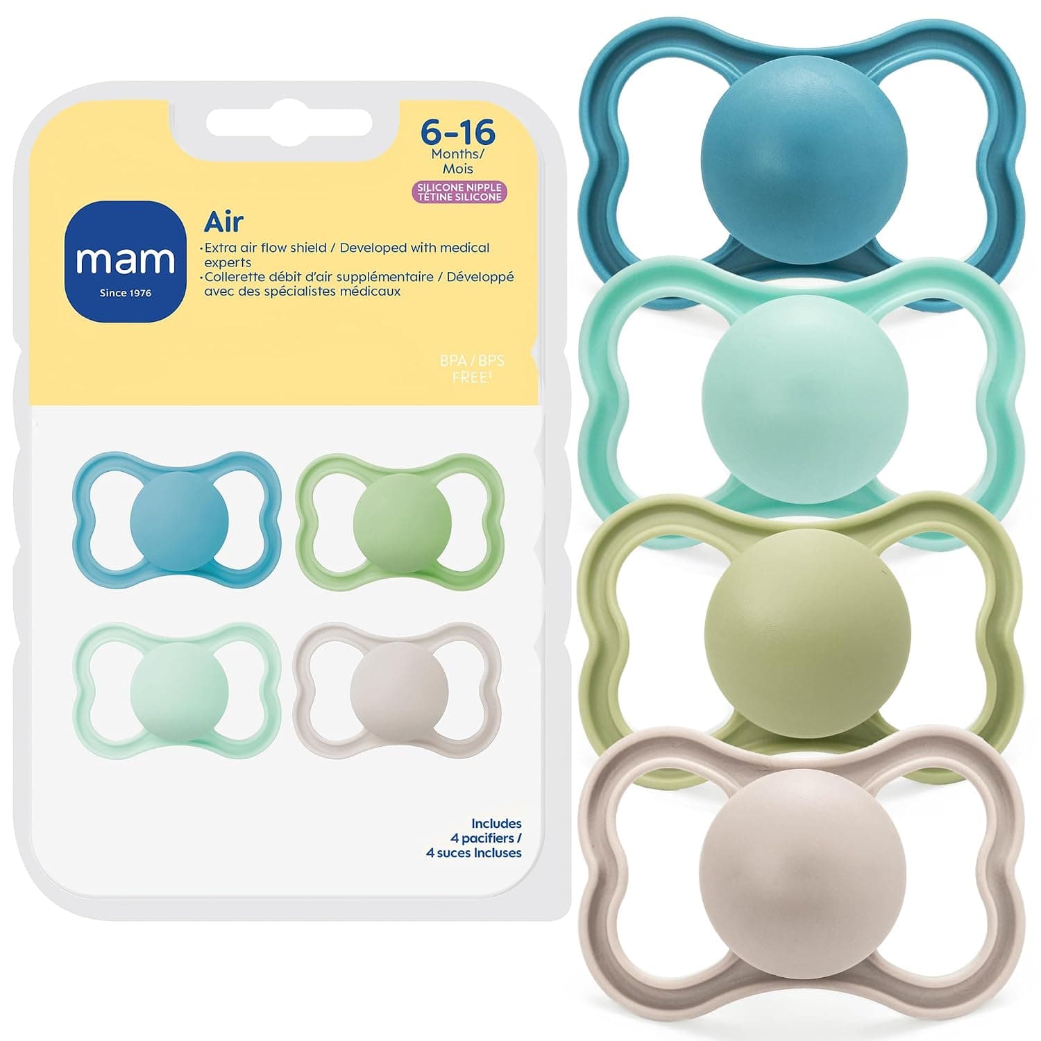 MAM Air Matte Pacifiers, for Sensitive Skin, 6+ Months, Best Pacifier for Breastfed Babies, Baby Boy Pacifiers, 6-16, 4 Count