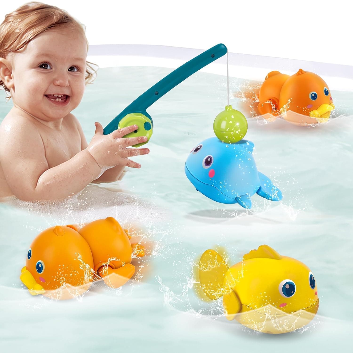 Baby Bath Toys, Magnetic Fishing Games for Kids 1-3 Years Old, Wind Up Swimming Fish, Duck and Whale Floating Water Toys for Infants and Toddlers, Bath Time Shower Gifts
