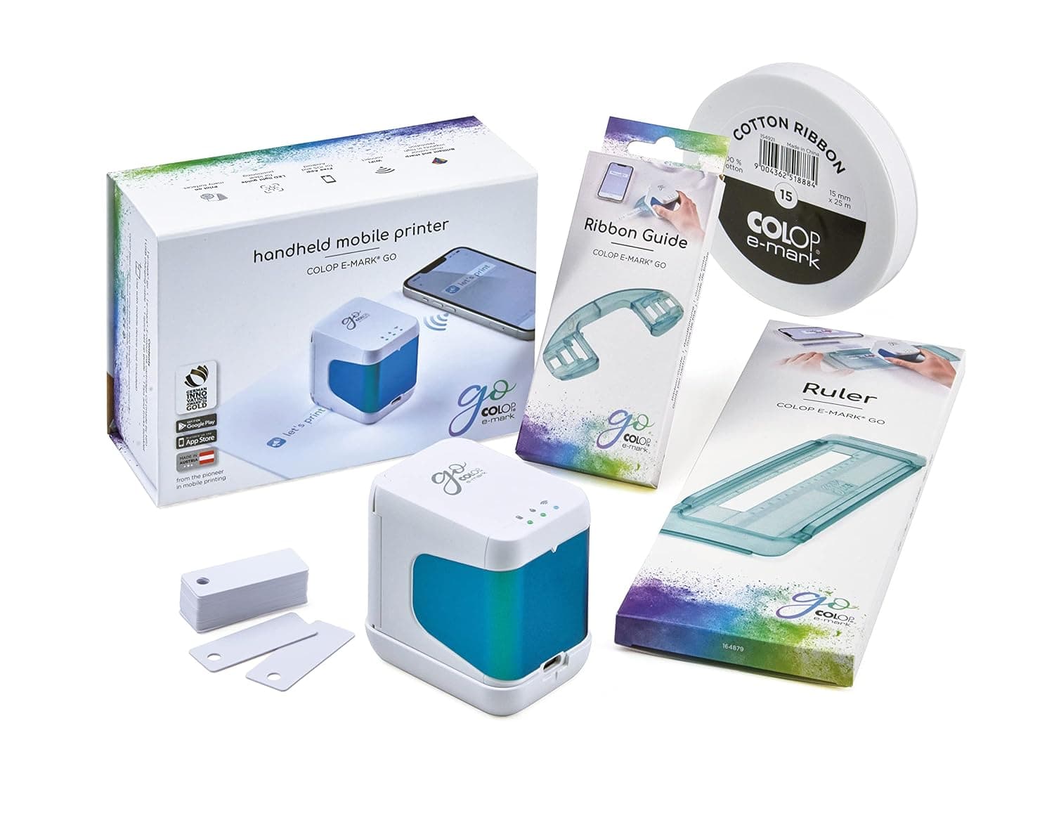 Colop e-Mark Go Set Consisting of e-Mark GO Mobile Printer, Ruler, Guide Rail for Tape Printing, Tape 15 mm, PVC Signs for Sign Printing and Brochure White