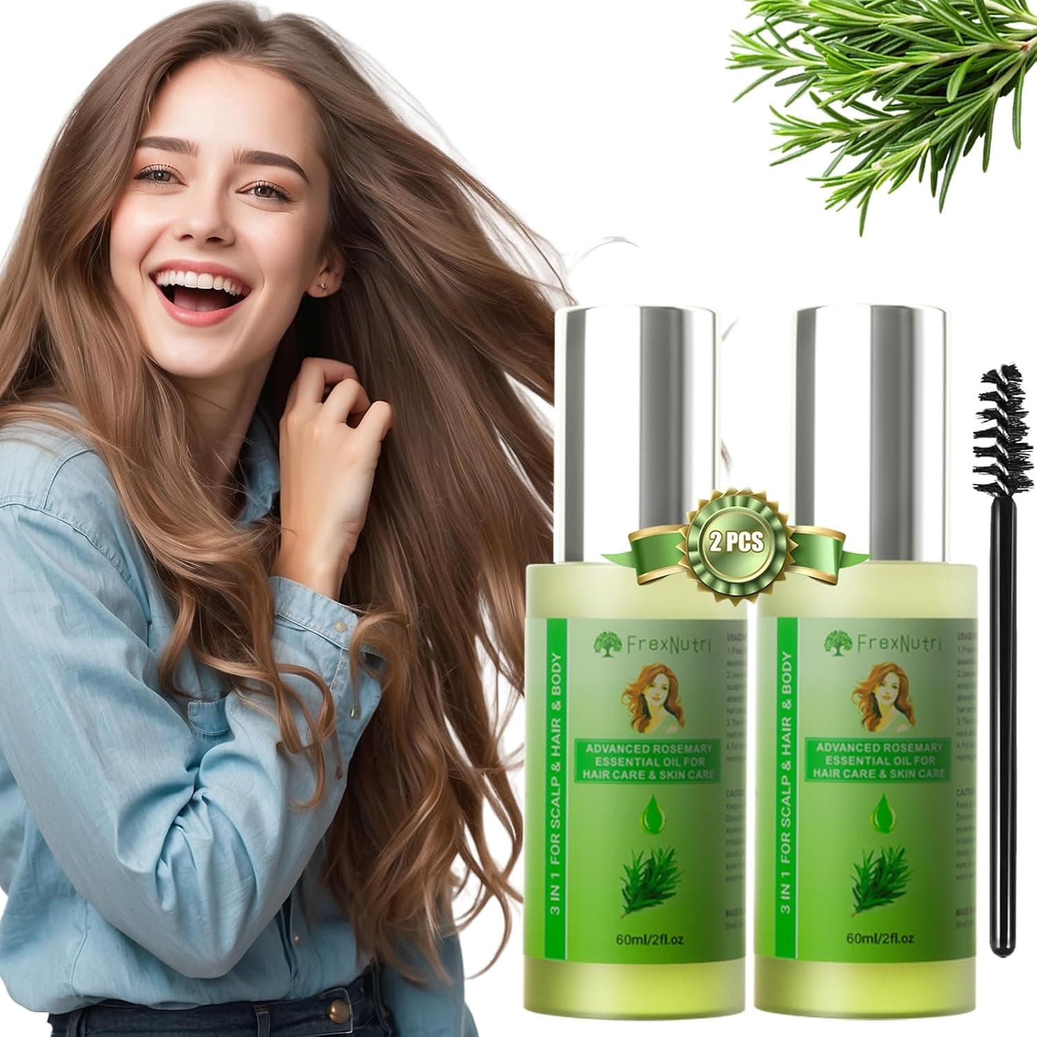 Rosemary Oil for Hair Growth (2 x 60ML), Organic Pure Rosemary Essential Oil for Hair & Scalp, Leak-Proof Bottle with Precision Press Dispenser, Multi-Purpose for Hair, Skin & Aromatherapy