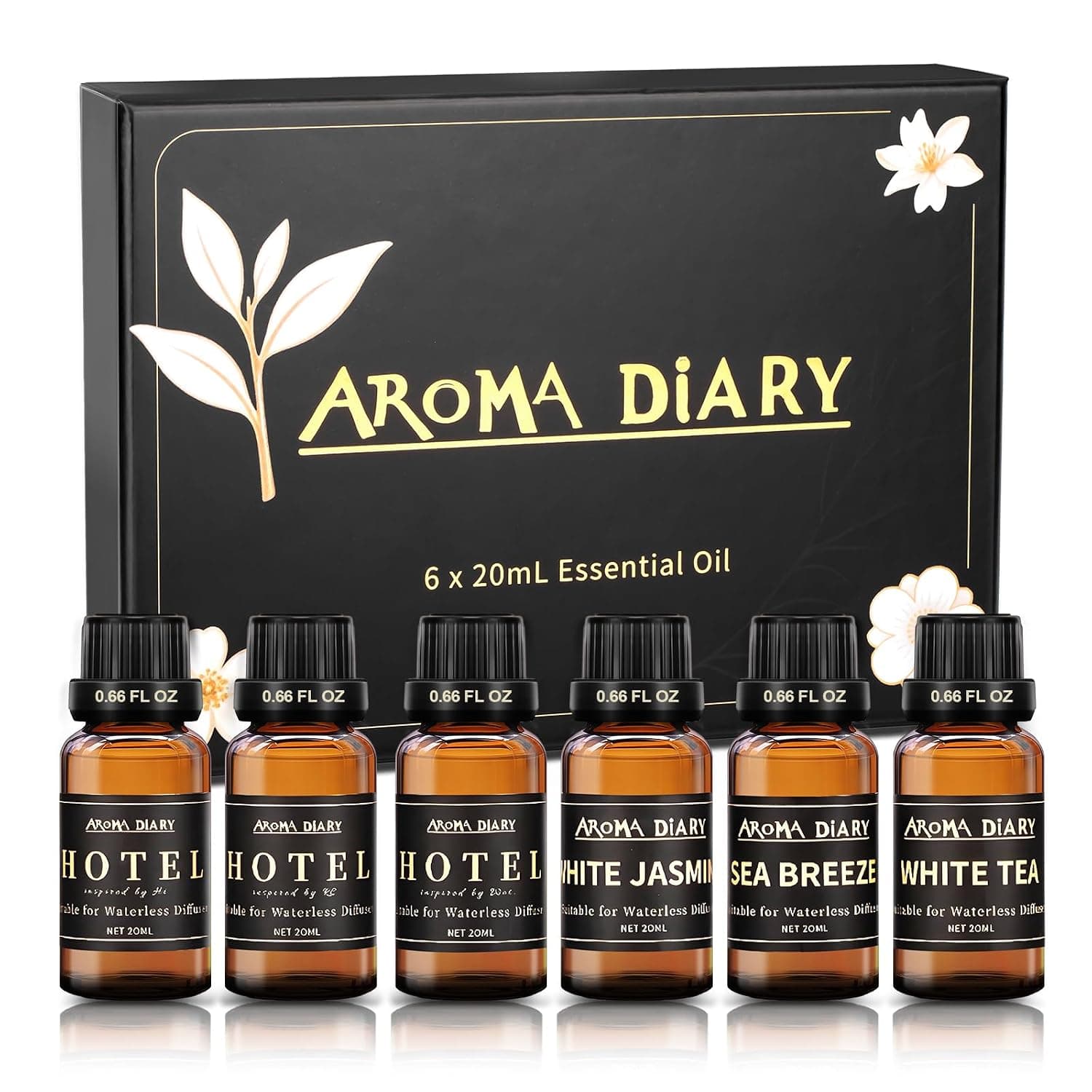 Diffuser Oil Set, Essential Oil Set for Diffuser, 6x20ml Fragrance Oil Blend for Home Car Office Waterless Diffuser, Luxury Hotel Scents, White Tea, White Jasmine, Sea Breeze, Gift for Women Men