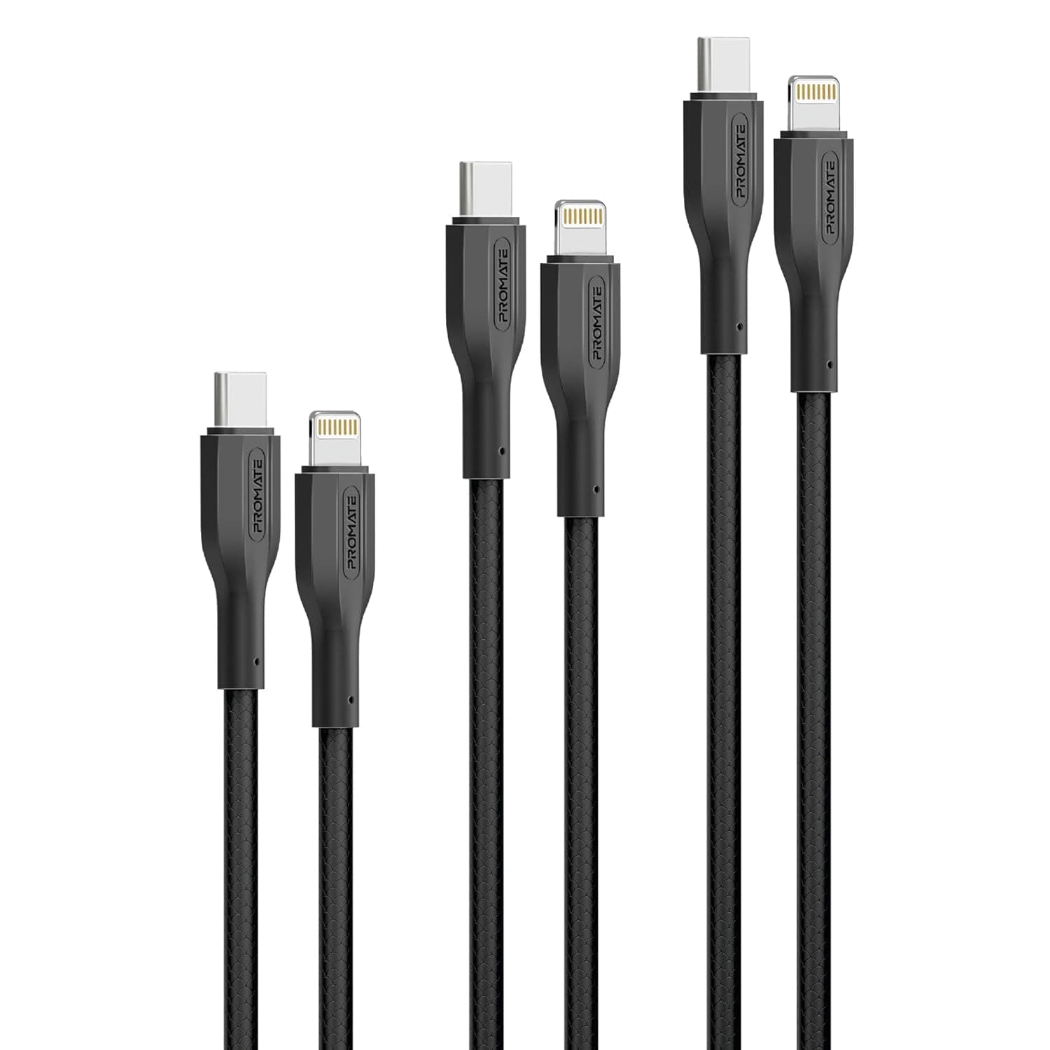 Promate Pack of 3 USB-C™ to USB-C™ Cables, Ultra-Fast Triple Cables with 60W Power Delivery, Lengths (0.3m, 1.2m, and 2m),Tangle-Free Cords, CableKit-CC (Lightning)