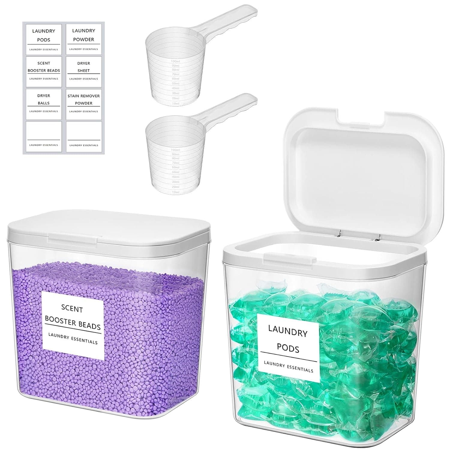 Lifewit 2 Pack Modern Rectangular Laundry Pods Container with Labels, Spoons, and Press-to-Open Lids, 2.73L Capacity, Laundry Room Organization and Storage for Detergent, Bead, Scent Booster