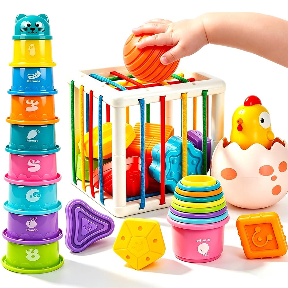 3 in 1 Montessori Toys for 1 Year Old Boys and Girls, 1st Birthday Gifts, Multiple Sensory Shape and Stacking Toys, Baby Toys, Early Educational Toys, Toys