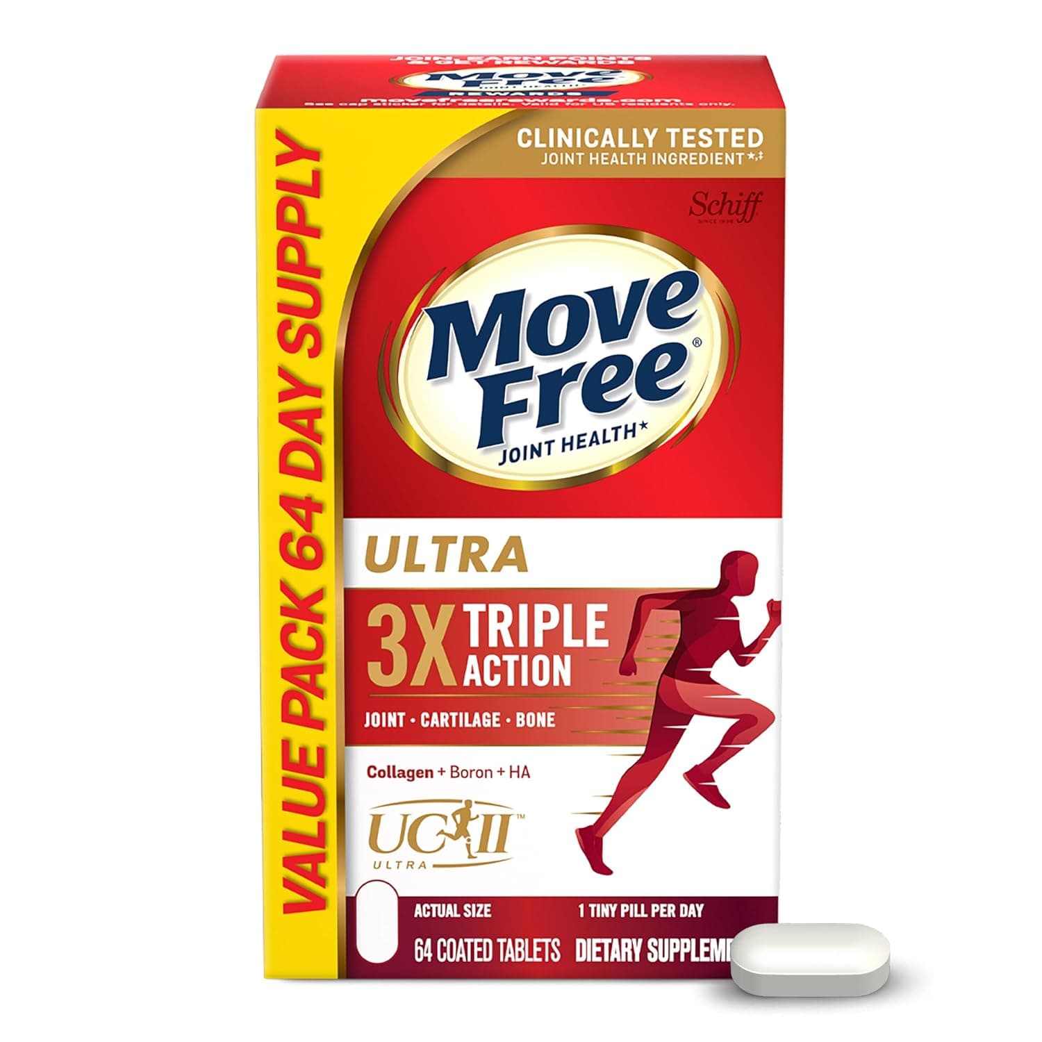 Move Free Ultra Triple Action Joint Support Supplement - Type II Collagen Boron & Hyaluronic Acid - Supports Joint Comfort, Cartiliage & Bones in 1 Tiny Pill Per Day, 64 Tablets (64 servings)* | Type II Collagen Boron & Hyaluronic Acid, Supports Joint Comfort, Cartilage & Bones in 1 Tiny Pill Per Day, Daily Supplements