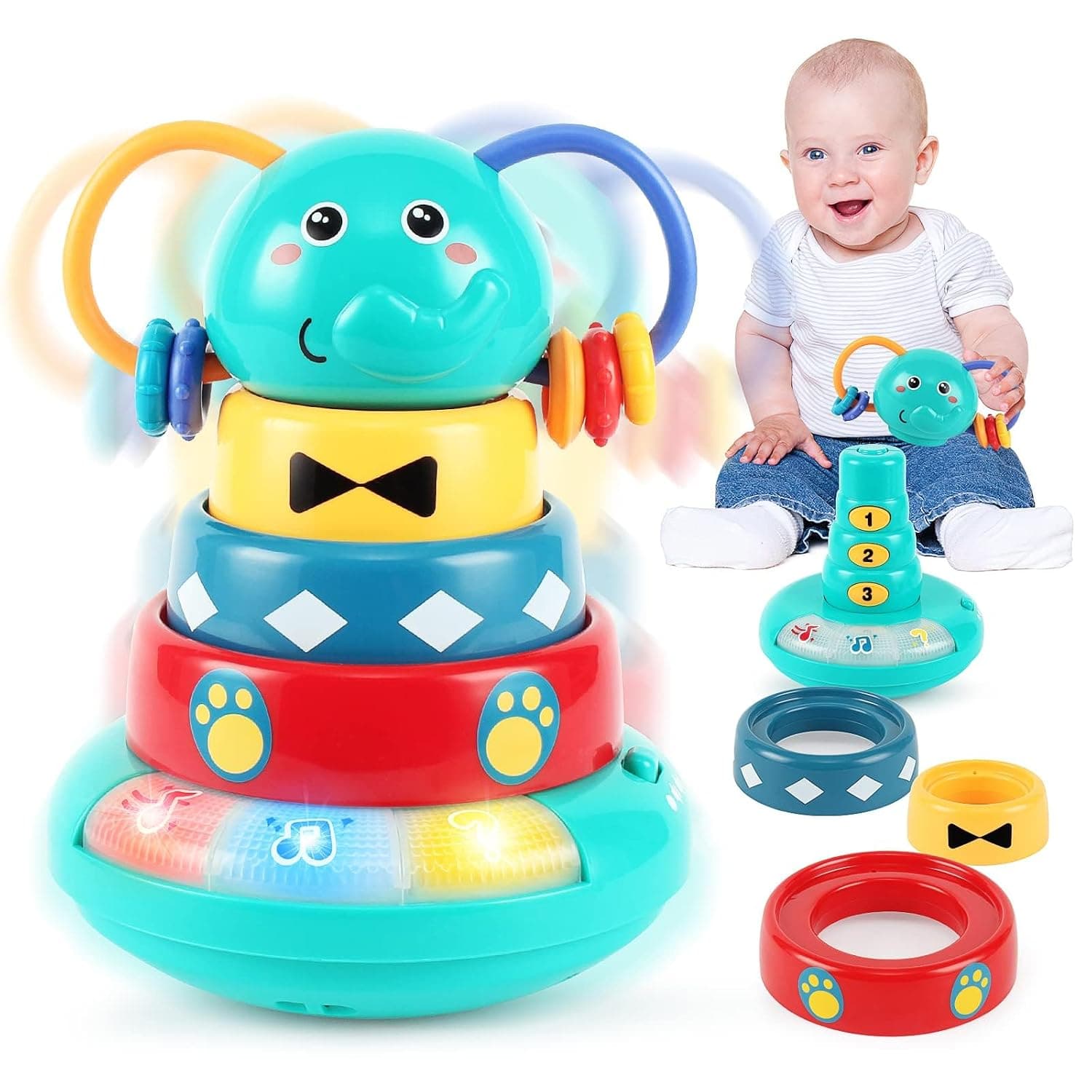 Music Toys for Babies 6-12 Months, Interactive Elephant Music Roly-Poly w/Stacking Ring Rattle Toy, Early Educational Sensory Toys for Kids 6-12 Months