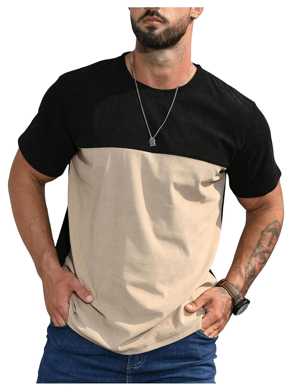 GORGLITTER Men's Color Block Crew Neck Tee Shirts Short Sleeve Casual Summer Tops Khaki M