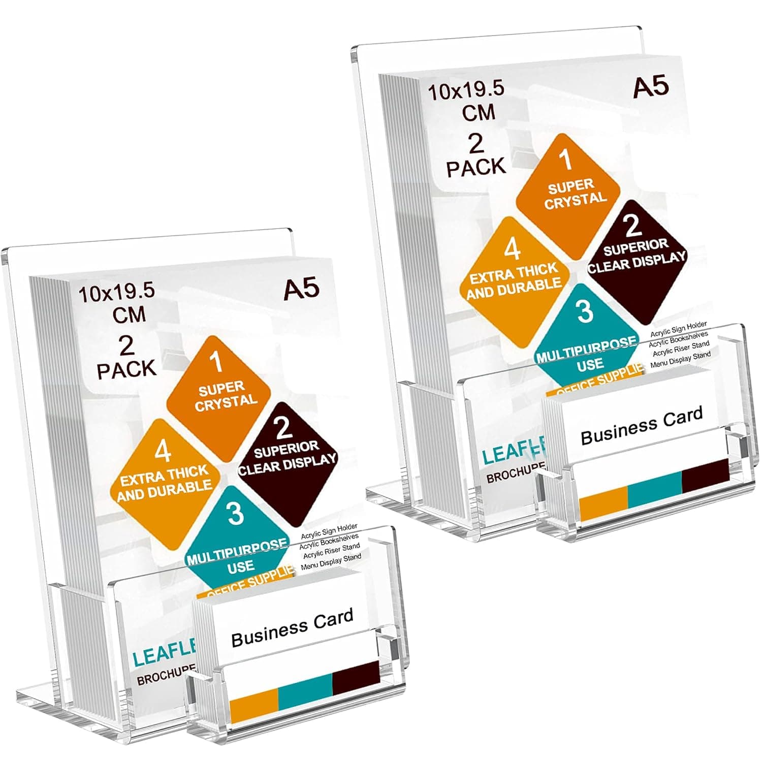 A5 Leaflet Holder with Business Card Holder, 2 Pack Acrylic Brochure Holder