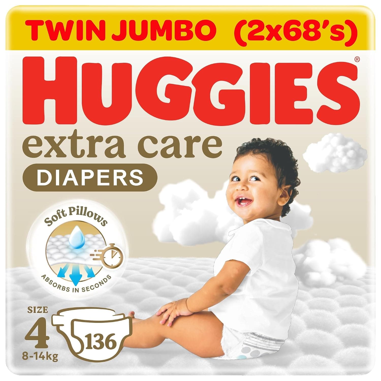 Huggies Extra Care Open Diaper Size 4 (8 - 14 KG) Pack of 2 x 68 Diapers
