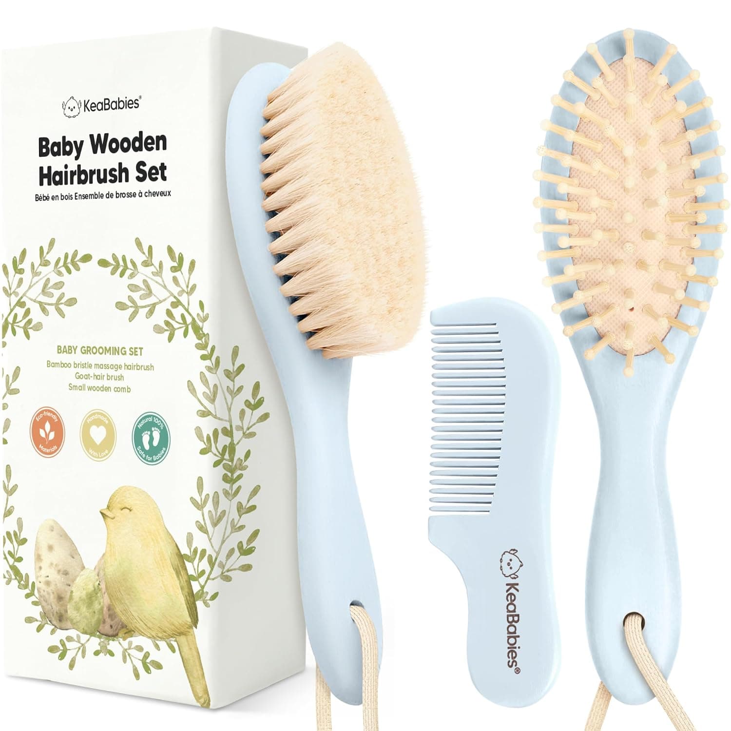 KeaBabies Baby Hair Brush and Comb Set, Soft Goat Bristle Brush for Newborns, Gentle Scalp Care & Cradle Cap Grooming Set, Frost