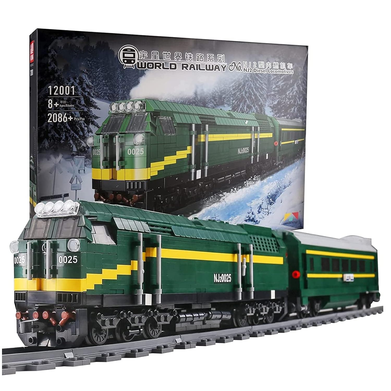 Train Railway Remote Controlled Building Blocks Set,2086 Pieces Green Large Train Model,with Rail and Lighting Clamping Moc Construction Toy,Diesel Locomotive Nj2