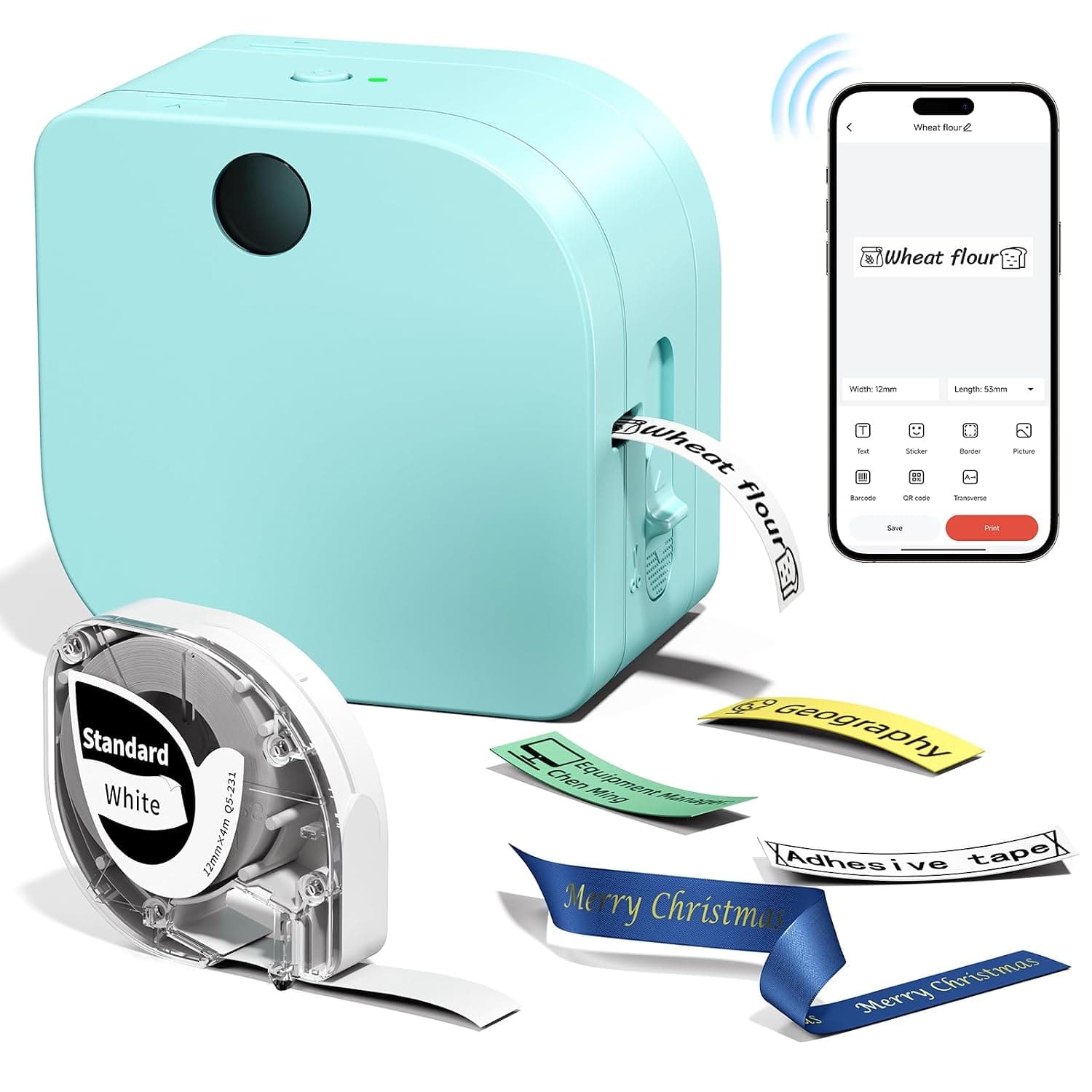 Phomemo P12 Label Maker Machine with 1 Tape, Bluetooth Small Ribbon Printer | Thermal Transfer Ribbon Printer, Printer Machine with Typewriters Templates for Home, School, Clothes, Gift Wrapping, Office