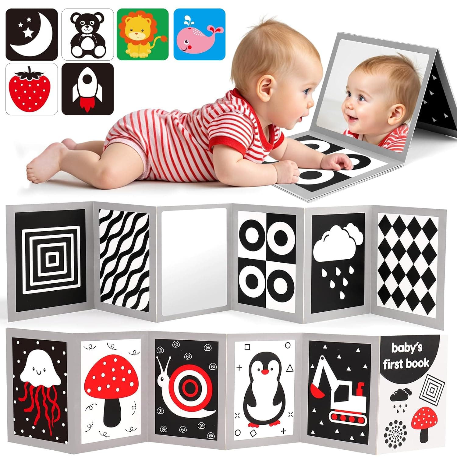 Black and White High Contrast Baby Books Flash Cards Tummy Time Mirror Toys Newborn Toys 0 6 Months Brain Development Infant Stimulating Sensory Toy 0-3 3-6 2 4 5 Months old Baby Boy Girl Shower Gifts