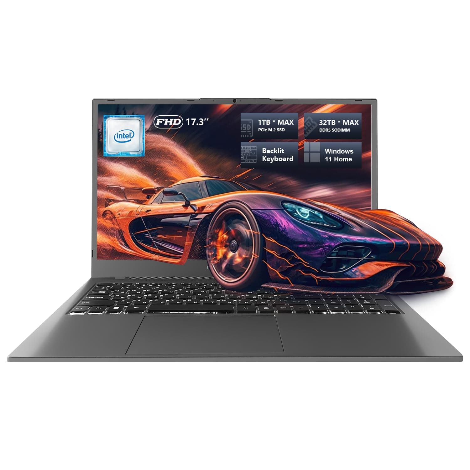 Machenike 17.3’’ Laptop, Intel Processor, 16GB DDR5 RAM, 1TB SSD, Backlit Keyboard, Large-Screen with 120Hz Refresh Rate, Perfect for Work, School, and Streaming, Windows 11 Home, Modern Grey