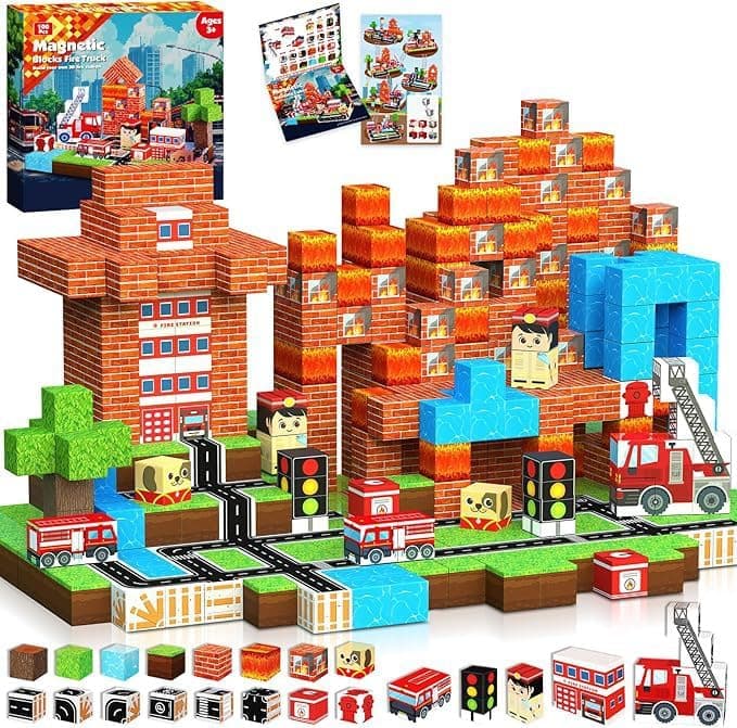 100PCS Magnetic Building Blocks-Fire Truck Magnetic Building Cube Game,Constructions Toys for Boys Girls Age 3+ STEM Montessori Stacking Toy,Sensory Tiles Building Christmas for Toddlers(Firefighter)