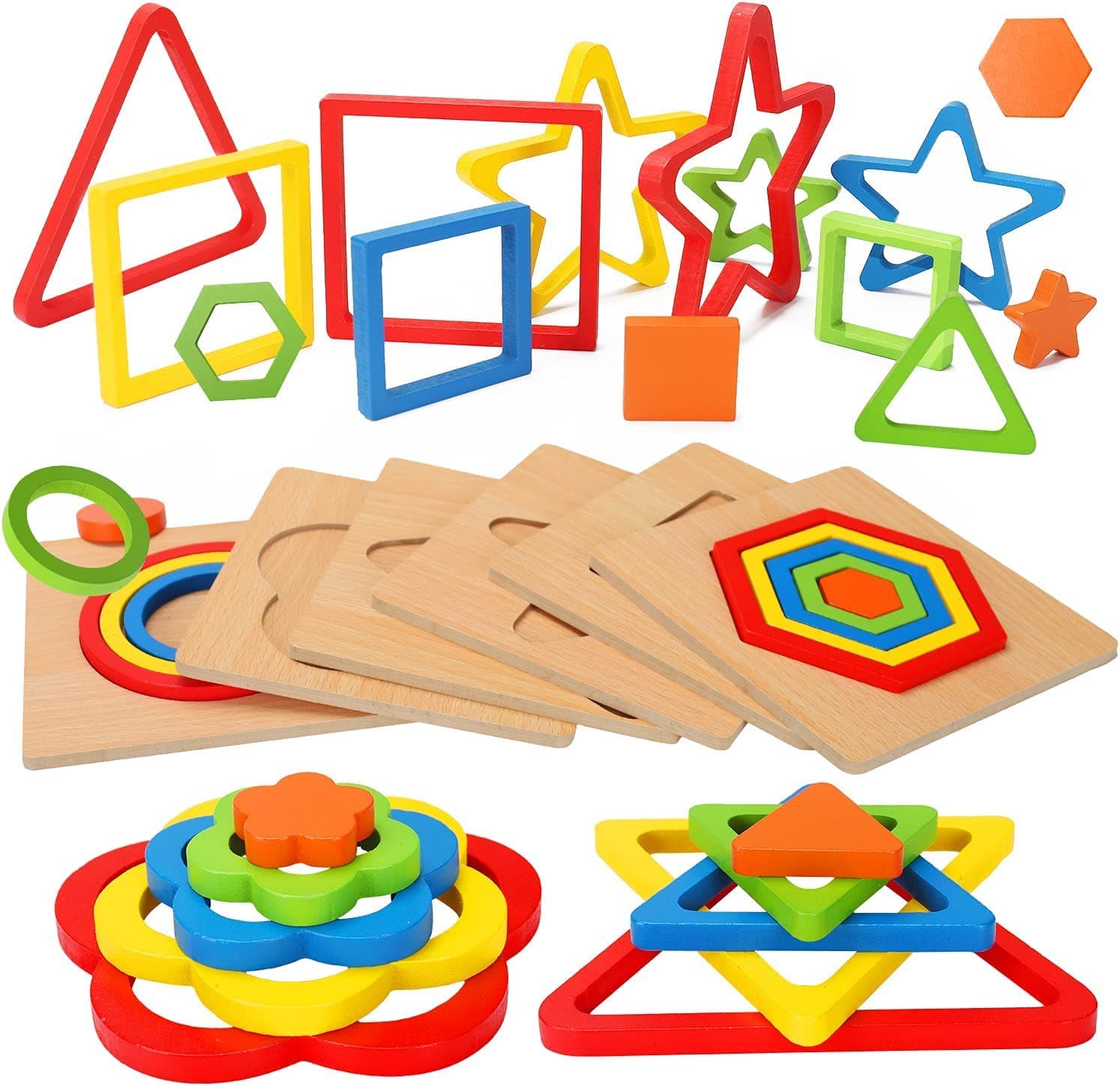 Toddler Puzzles Wooden Toys, Montessori Shape Sorting Puzzle Sensory Toys, Toddlers Activities Preschool Learning Early Educational Travel Autistic Montessori Toys 1 2 3 Year Old Age 1-3