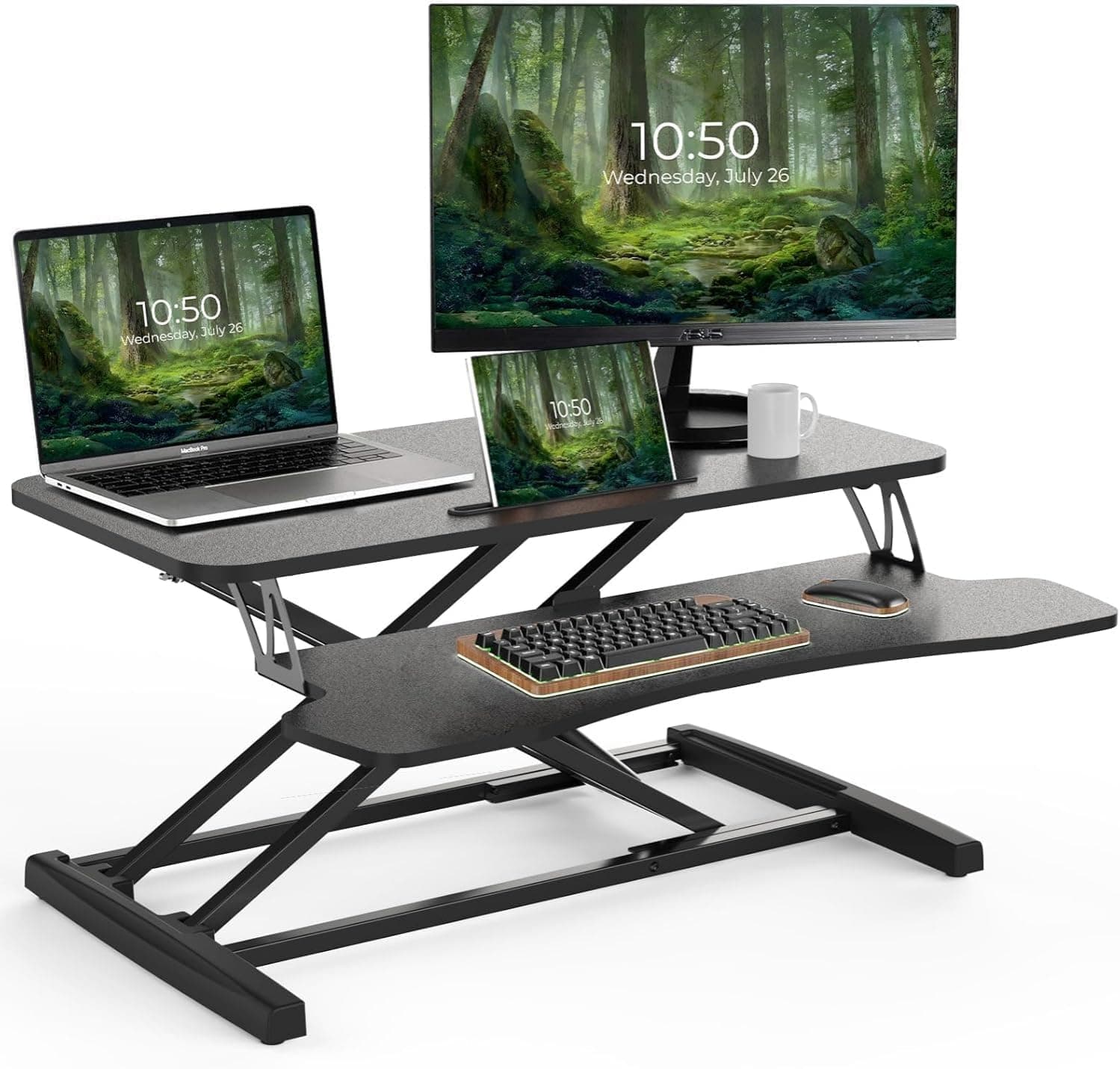 ALMEKAQUZ Height-Adjustable Standing Desk, 32-Inch Wide Sit-Stand Desk Converter with Keyboard Tray, Ergonomic Sit-Stand Lift, Suitable for Home Offices and Laptops, Black