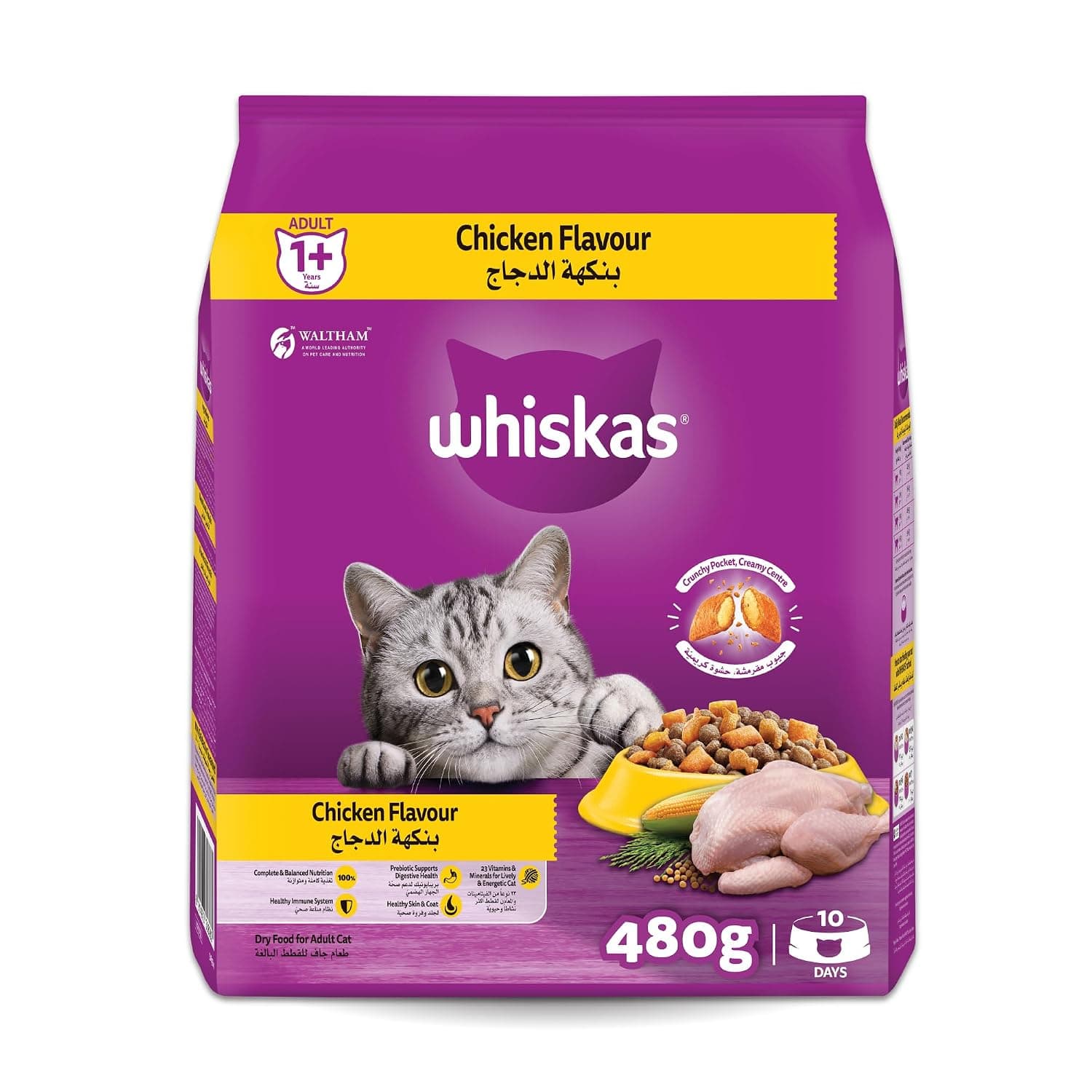 Whiskas Dry Cat Food with Chicken, 480g Pouch for Adult Cats 1+ Years, Cat Dry Food, Great Taste for Cat Health and Activity